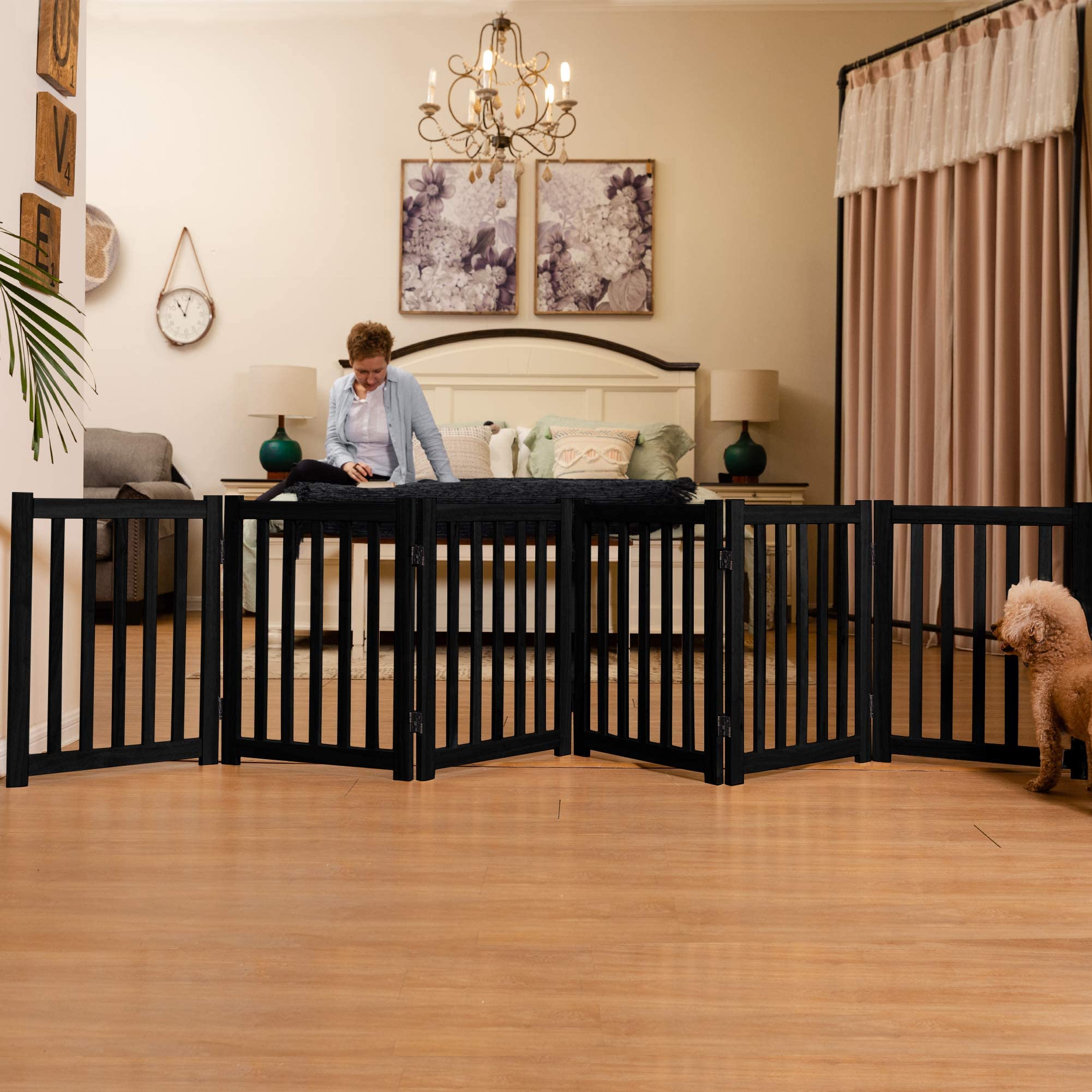 Lzrs 6-Panel Extra-Wide Freestanding Wooden Dog Gate ?24?igh Foldable Safety Pet Barrier For Doorways, Hallways, Kitchens, And Long Staircases, Durable Design Fit Small To Medium Dogs, Black