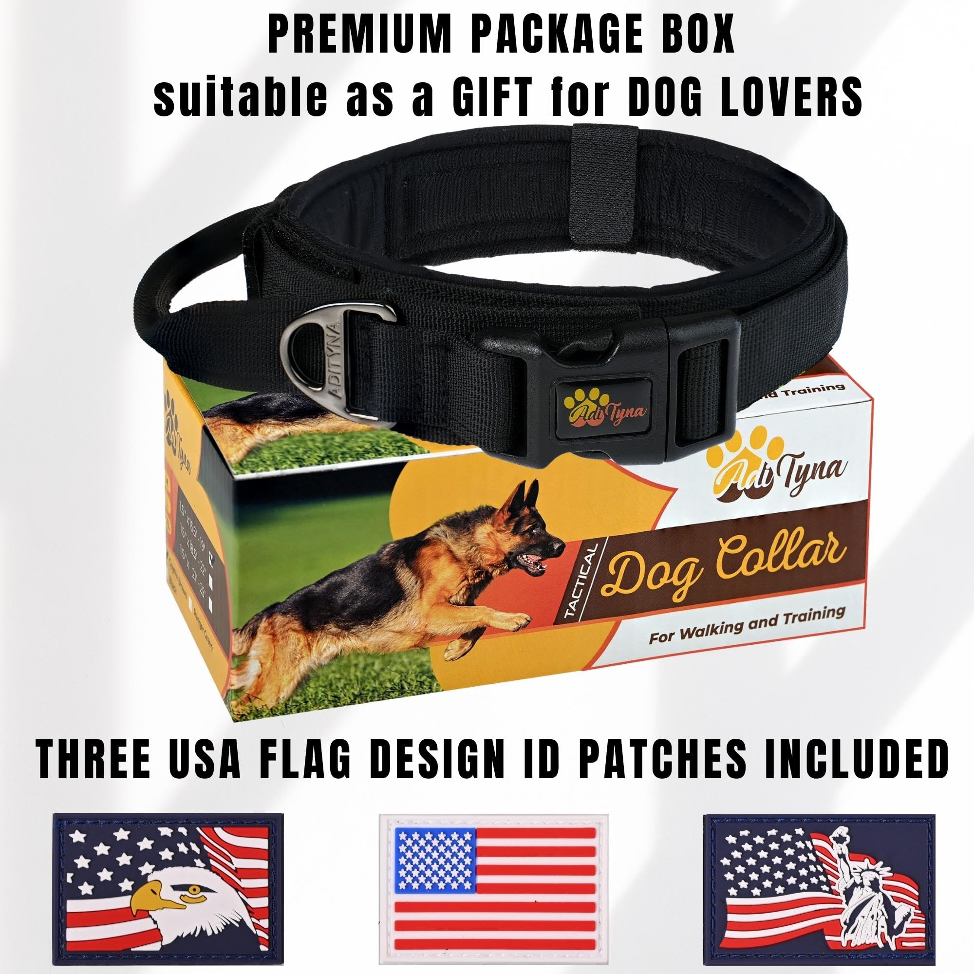 Adityna Tactical Dog Collar For Medium Dogs - Soft Padded, Heavy Duty, Service, Adjustable, Military, K9 Black Medium Collar Wit