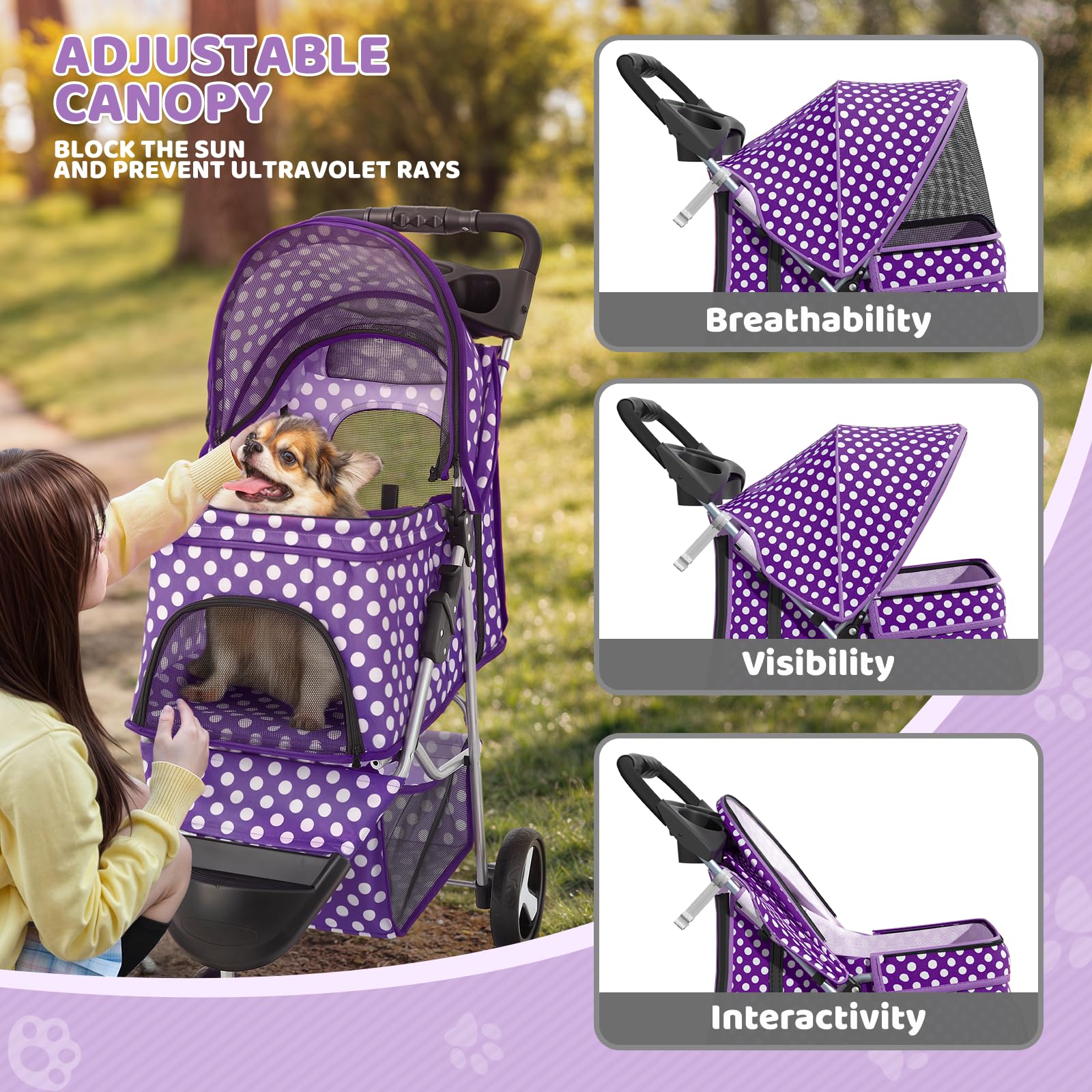 Magshion 3-Wheel Pet Stroller, Foldable Travel Jogger For Small & Medium Dogs & Cats (Up To 33Lbs), Lightweight Carrier With Bre