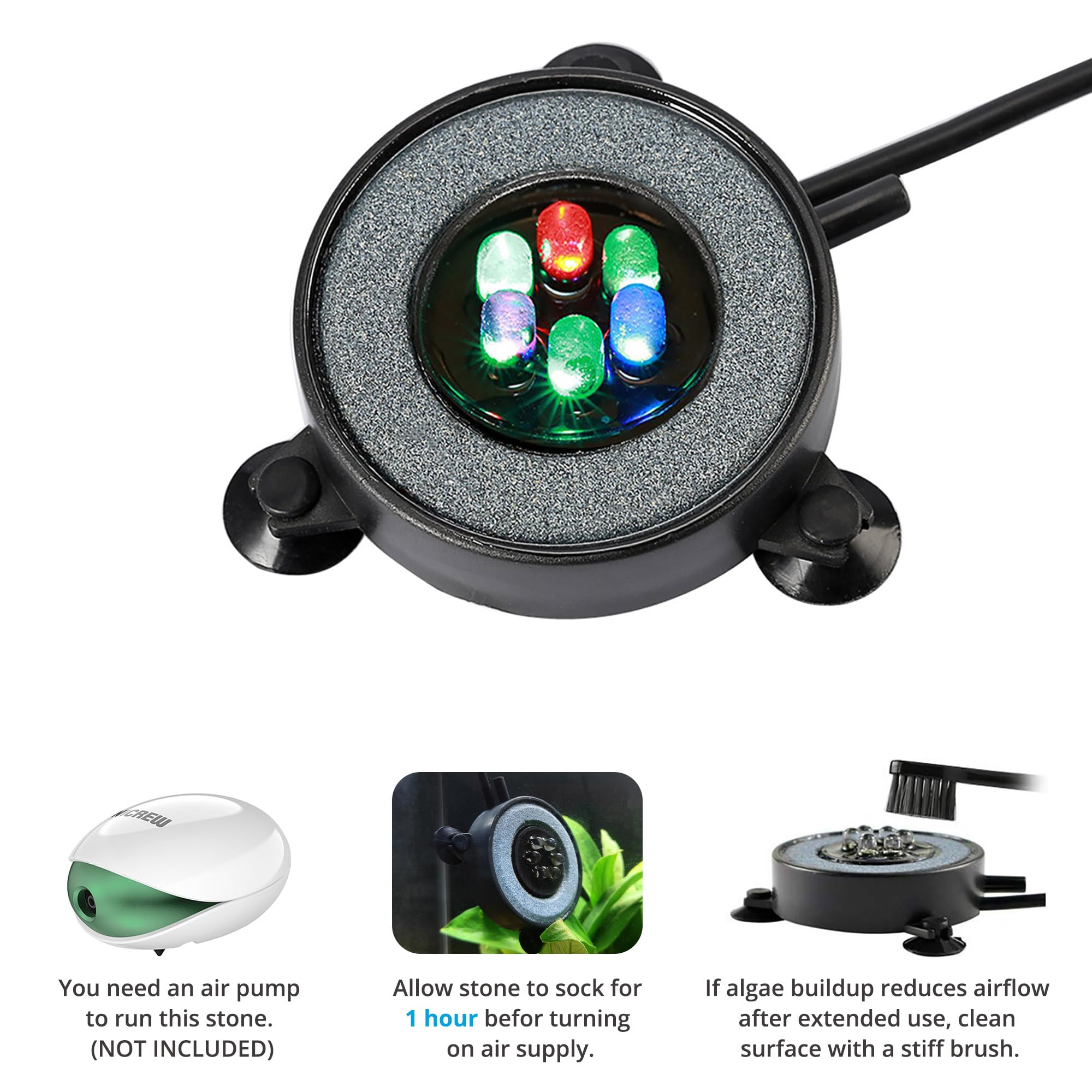 Nicrew Multi-Colored Led Aquarium Bubbling Stone Disk, Round Fish Tank Bubbler With Auto Color Changing Leds