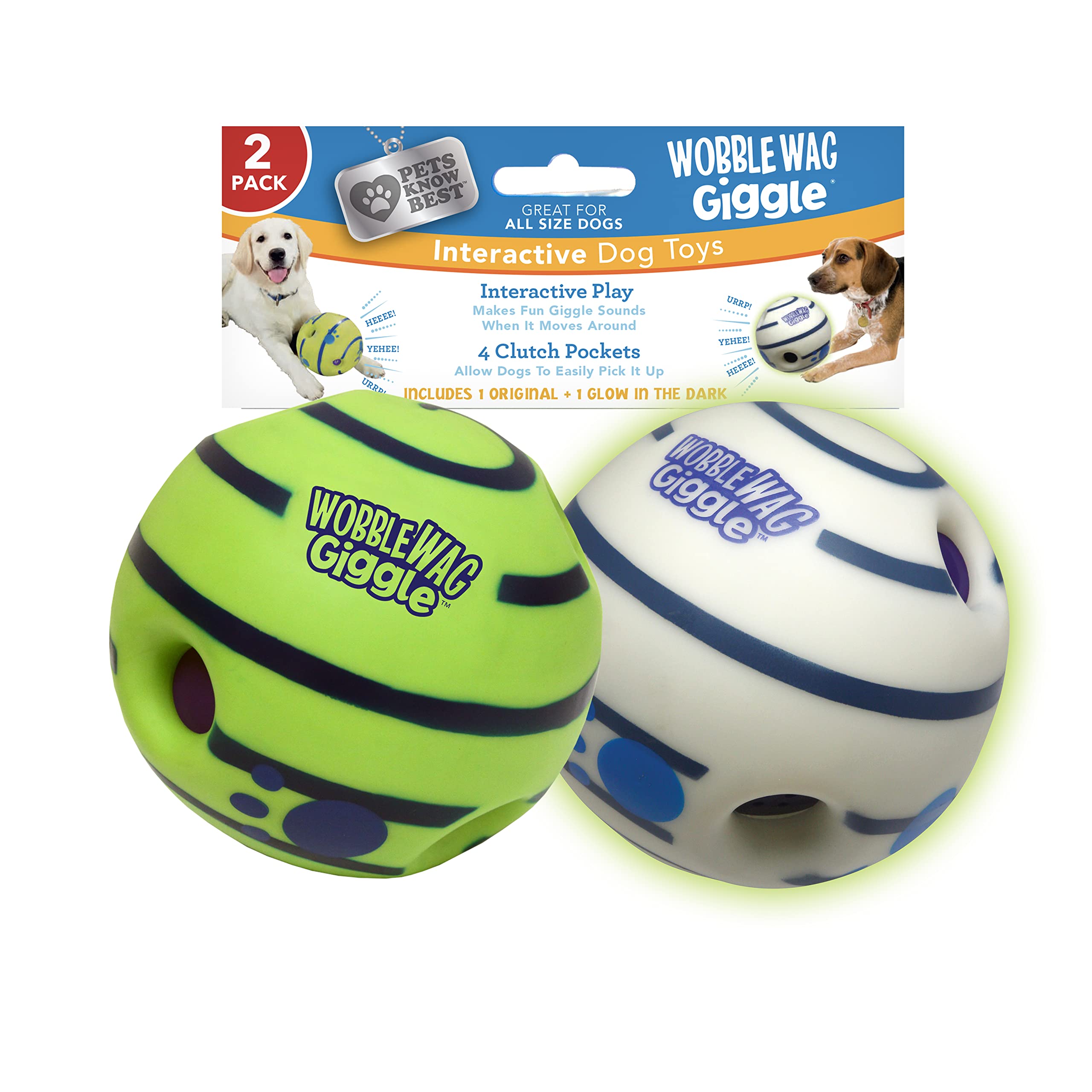 Wobble Wag Giggle Ball 2 Pack- Interactive Dog Toy, Fun Giggle Sounds When Rolled Or Shaken, Pets Know Best, 1 Original & 1 Glow In The Dark Ball
