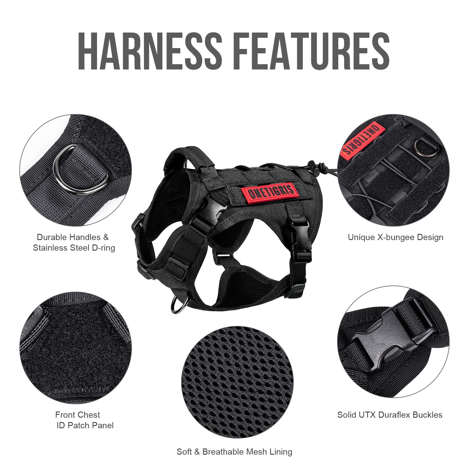 OneTigris Tactical Dog Harness Vest with Handle, Dog Harness for Large Medium Dogs,No-Pull Service Dog Vest with Hook & Loop Pan
