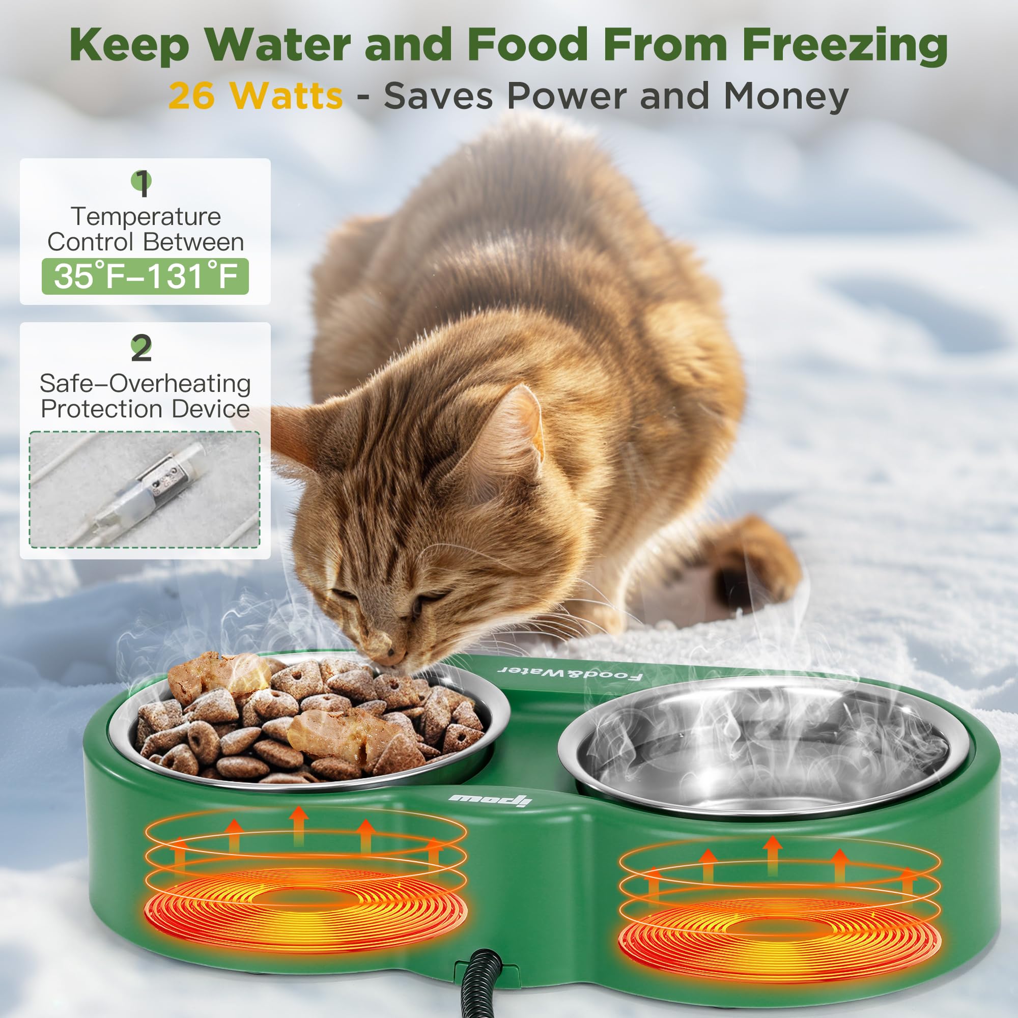 Ipow 54 Oz Heated Cat Bowl With Double Removable Stainless Steel Bowl, Outdoor Heated Water Bowl, Heated Pet Bowls Provide Feral