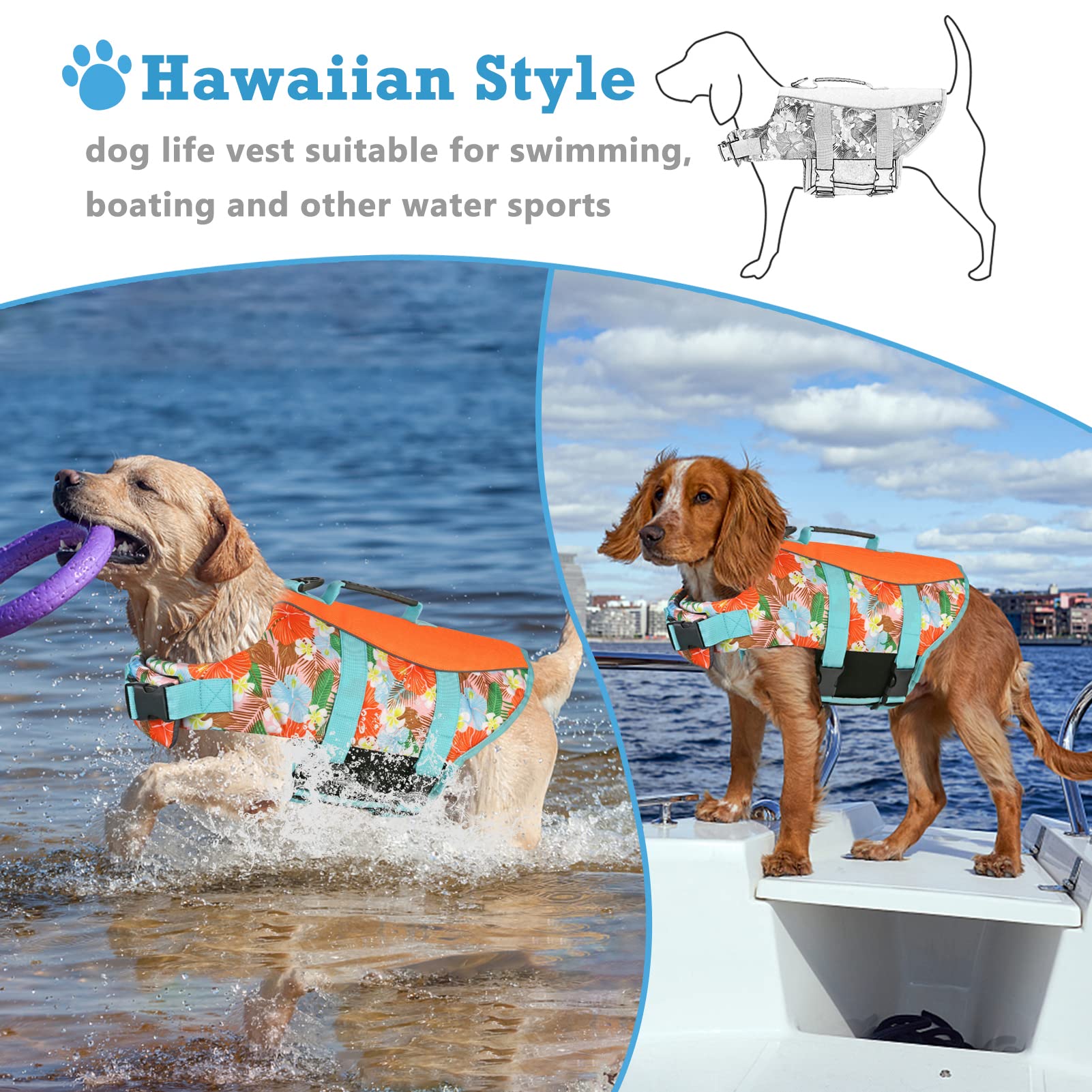 Dog Life Jacket Small, High Flotation Dog Life Vest For Swimming Boating, Hawaiian Reflective Puppy Swim Vest, Adjustable Safety
