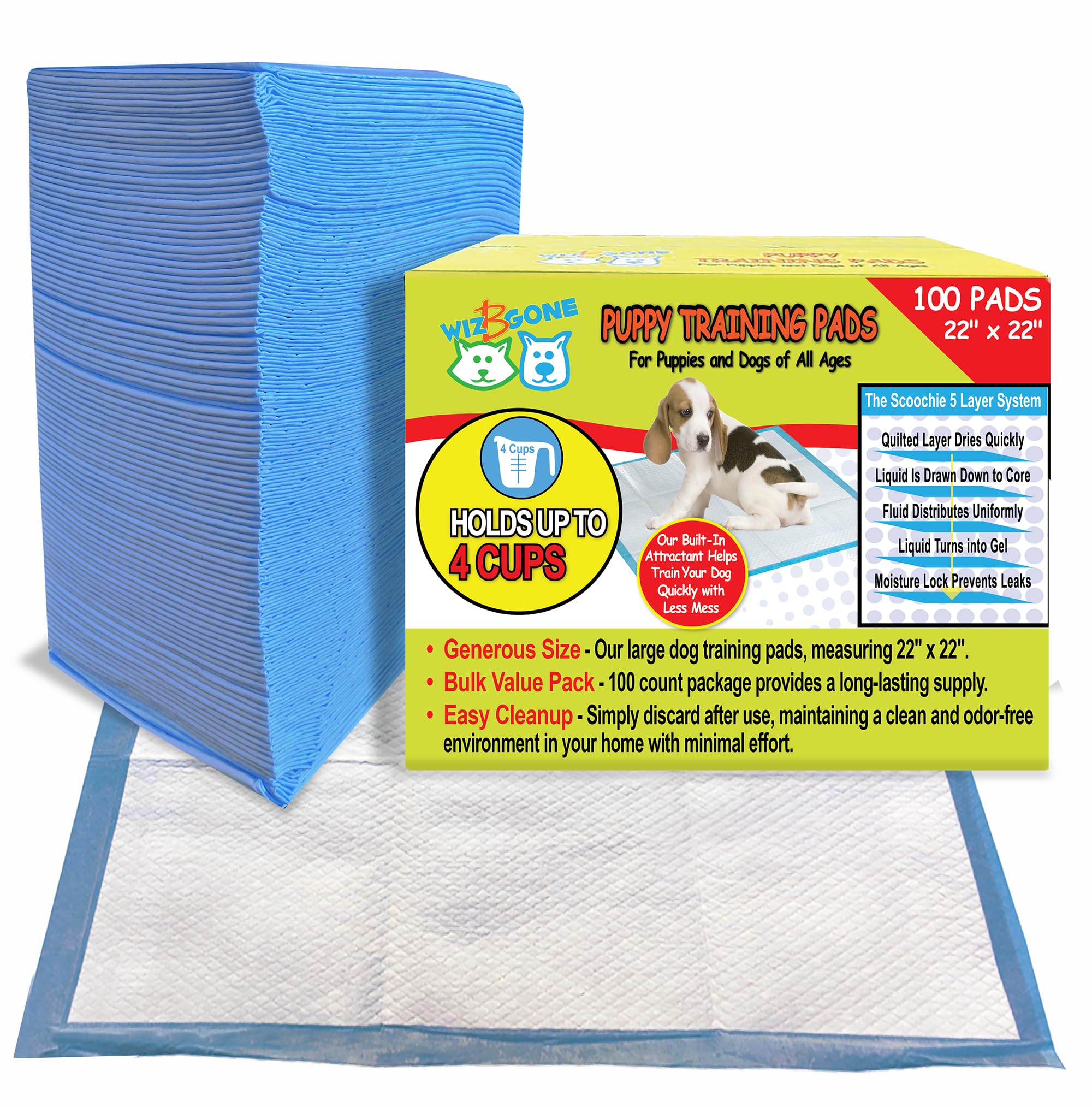 Scoochie Pets Large Dog Training Pads - 100 Pack Puppy Pads, 22 x 22 Absorbent Sheets for Adult & Young Pets - Convenient Box of