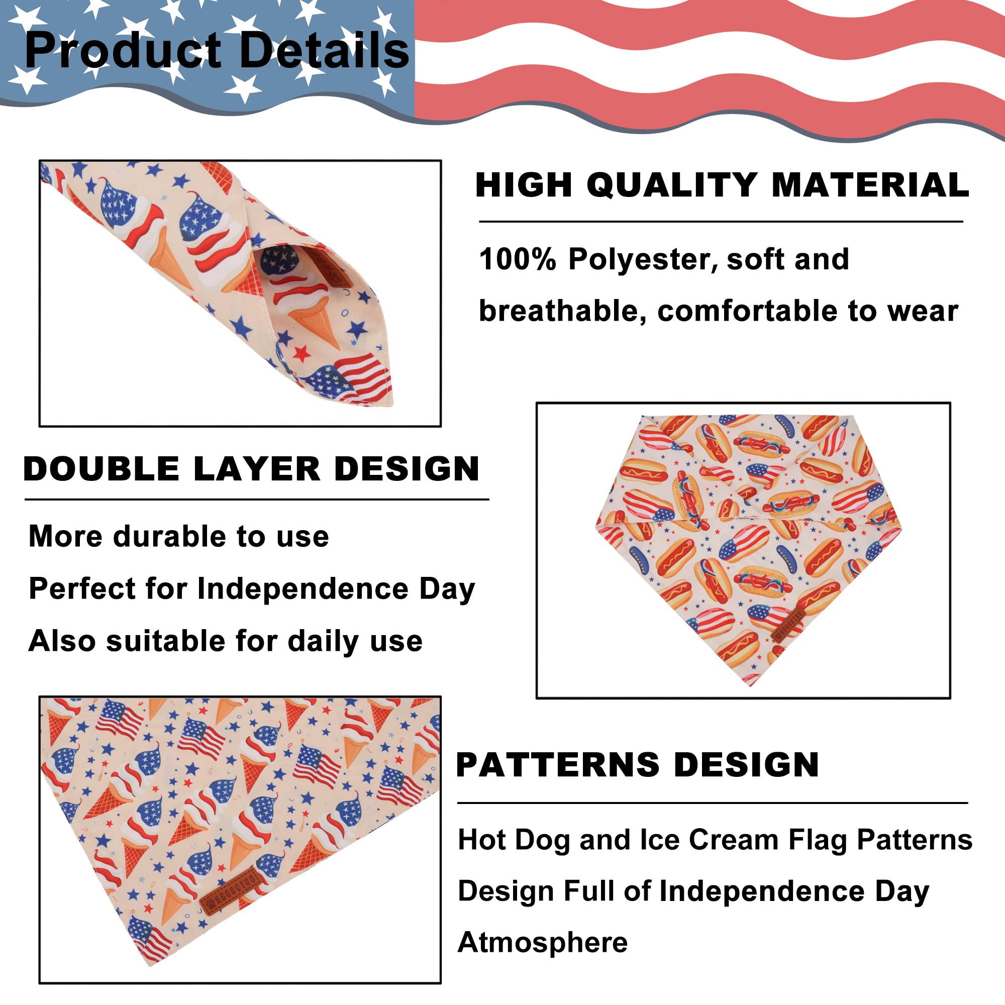 Adoggygo American Flag Dog Bandana, Ice Cream Hamburg Flag Pet Scarf, Premium Durable Fabric, Patriotic 4Th Of July Bandanas For