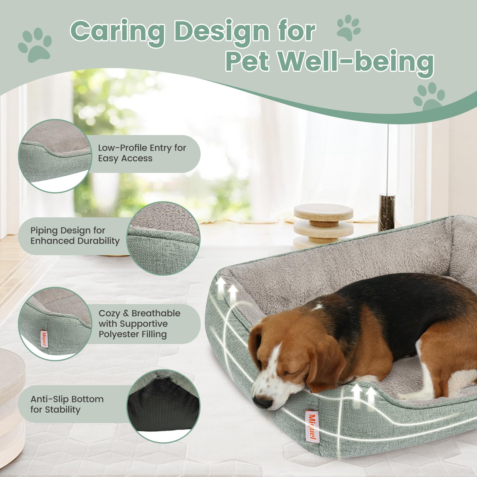 Miguel Faux Linen Dog Bed, 30" Washable with Removable Cushion, Light Green, Anti-Slip Bottom for Small to Medium Dogs