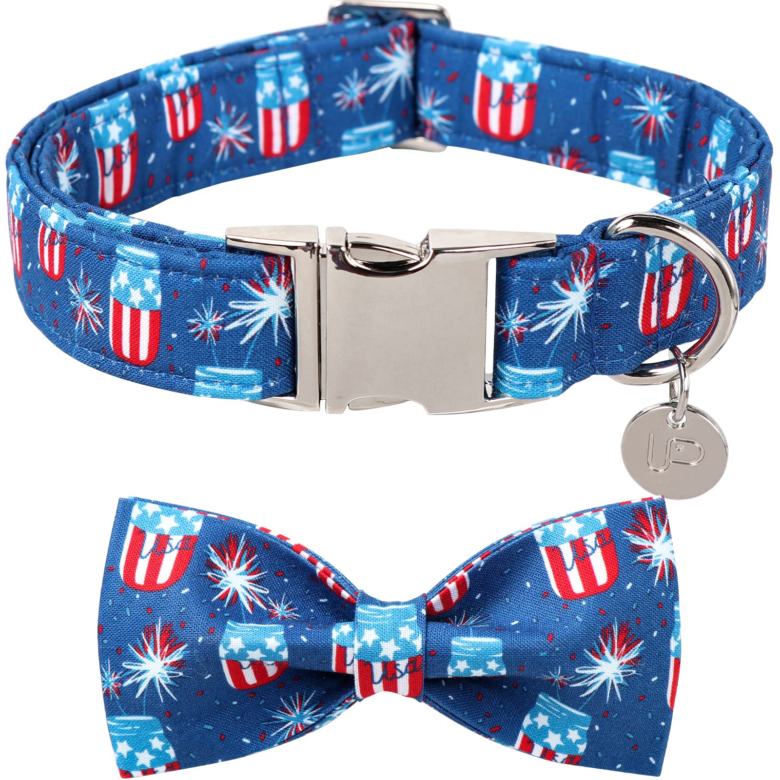 Up Urara Pup 4Th Of July Dog Collar With Bow Tie, Patriotic Bowtie Dog Collar, American Flag Collar For Large Boy Girl Dog, Comf