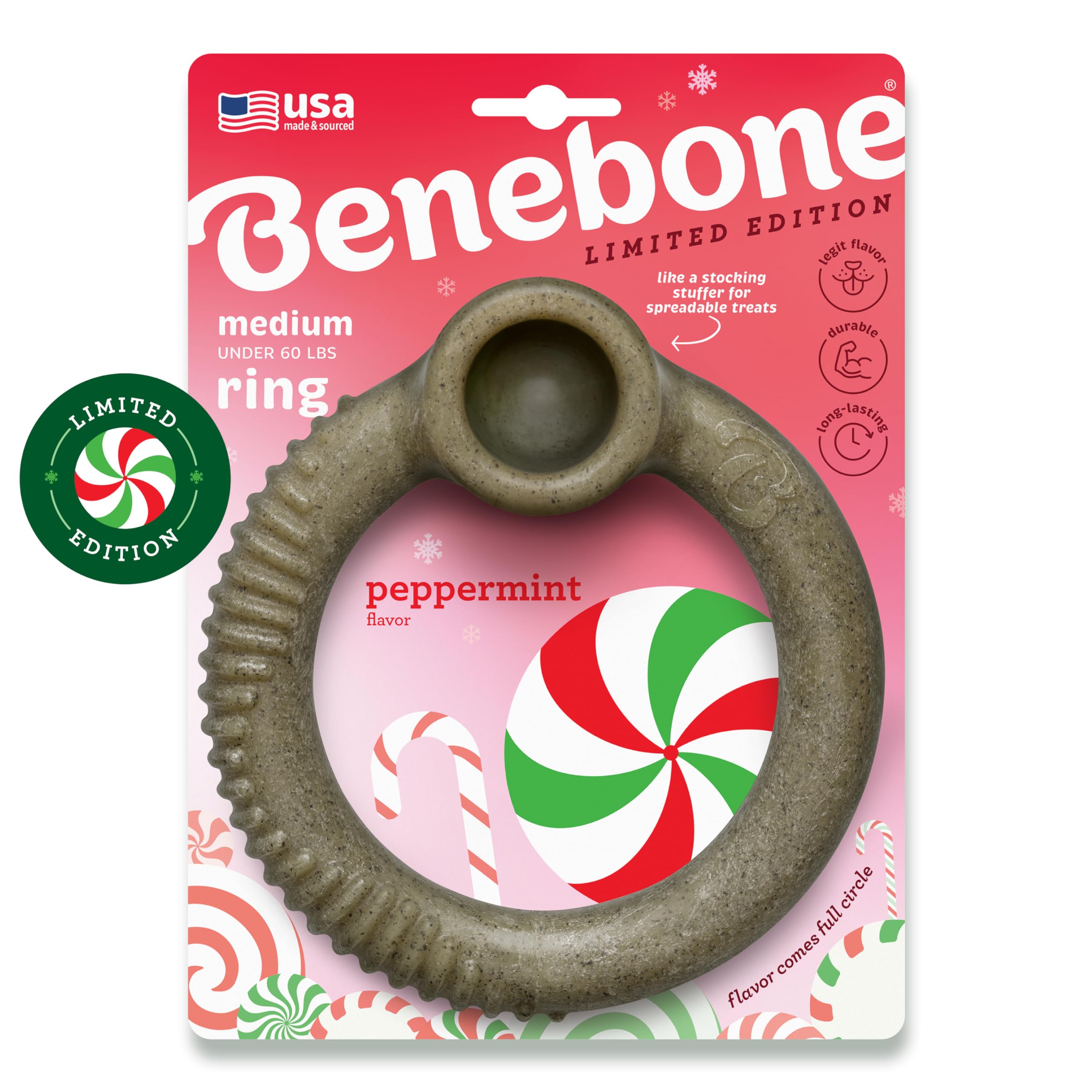 Benebone Peppermint Ring - Limited Edition Holiday Flavor, Durable Chew Toy for Aggressive Chewers, Made in USA, Medium