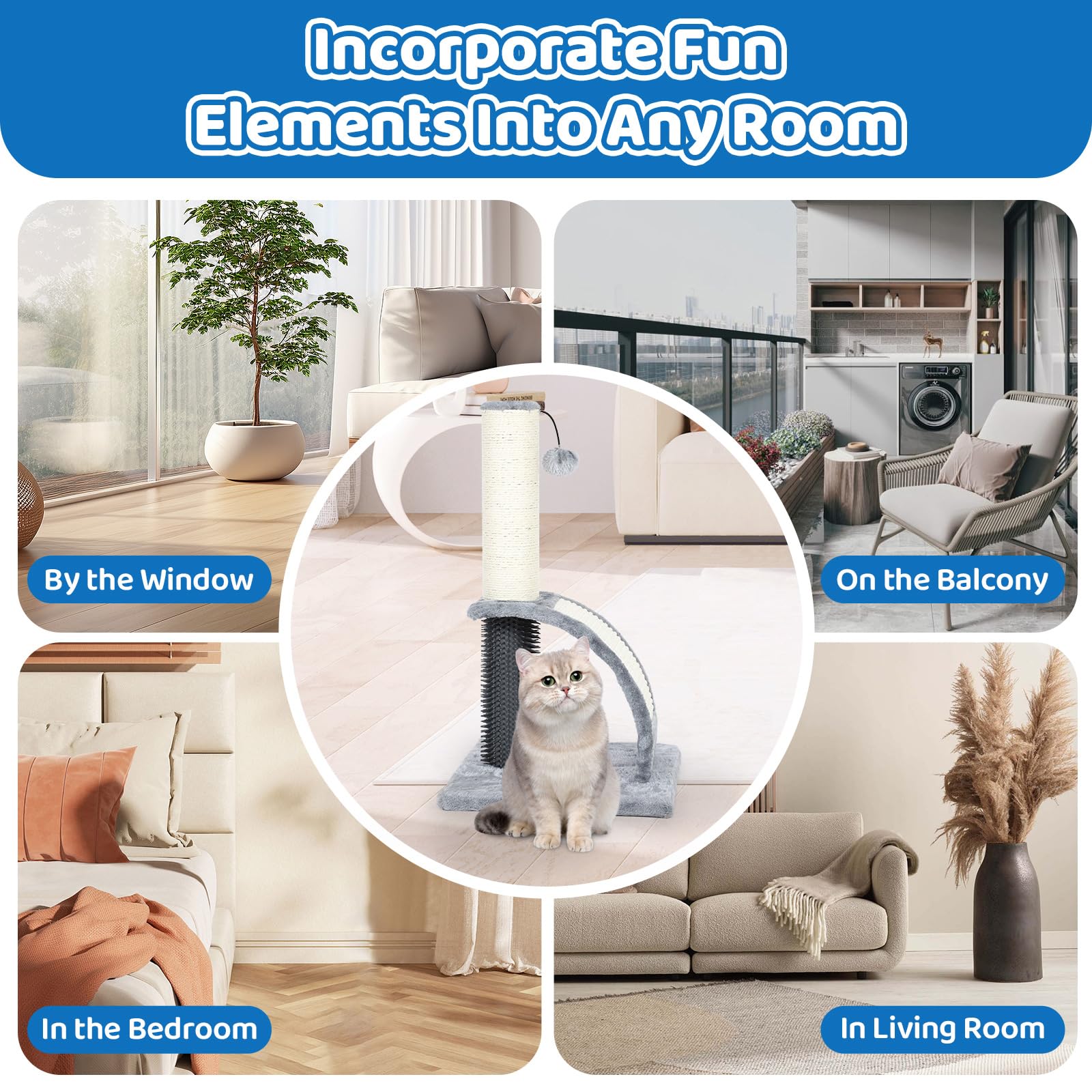 Tall Cat Scratching Post with Groomer, 19.6 Scratching Post with Wood Frame, Stable Sisal Cat Post with Extra Interactive Dangli