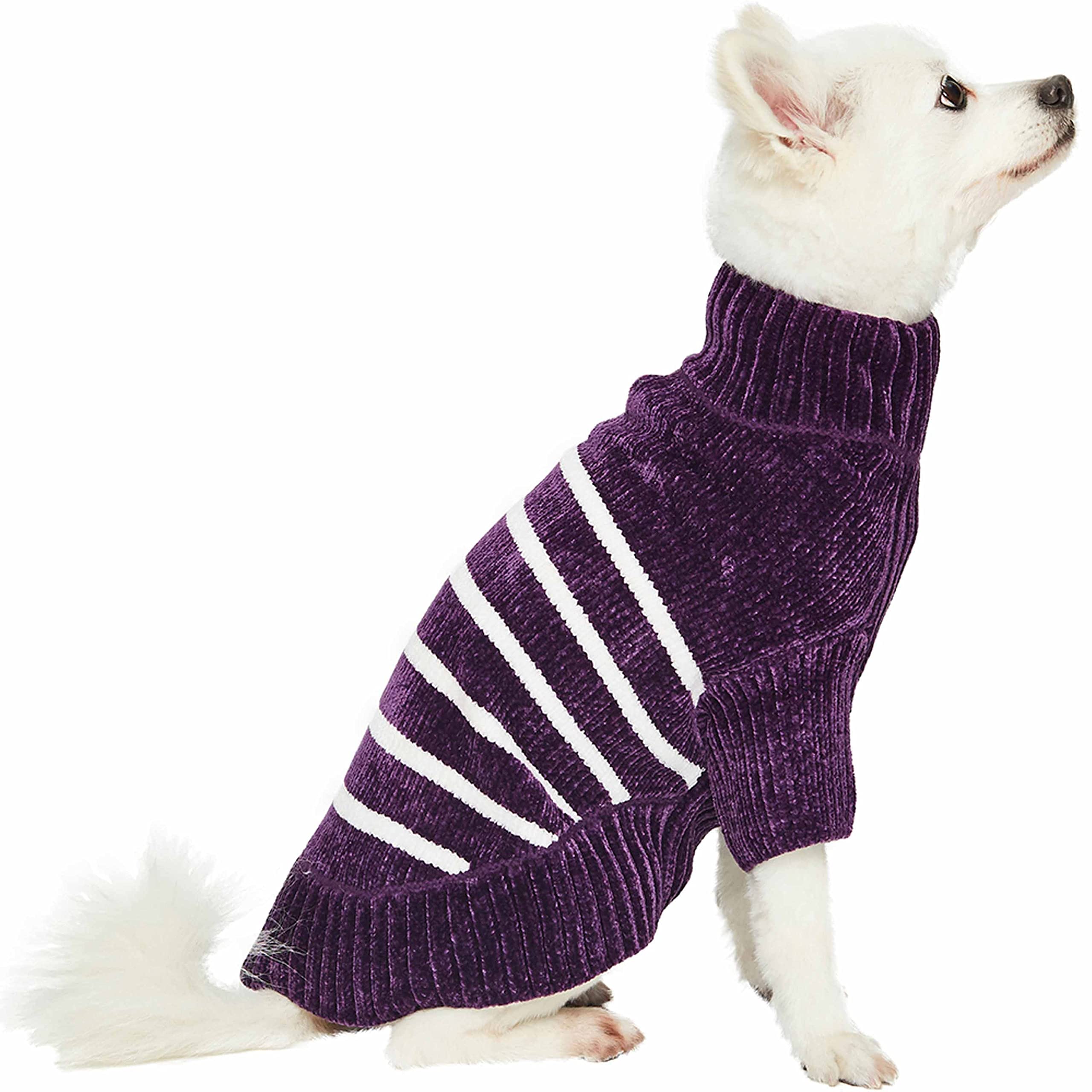 Blueberry Pet Cozy Soft Chenille Classy Striped Dog Sweater In Dark Plum, Back Length 14'', Pack Of 1 Clothes For Dogs