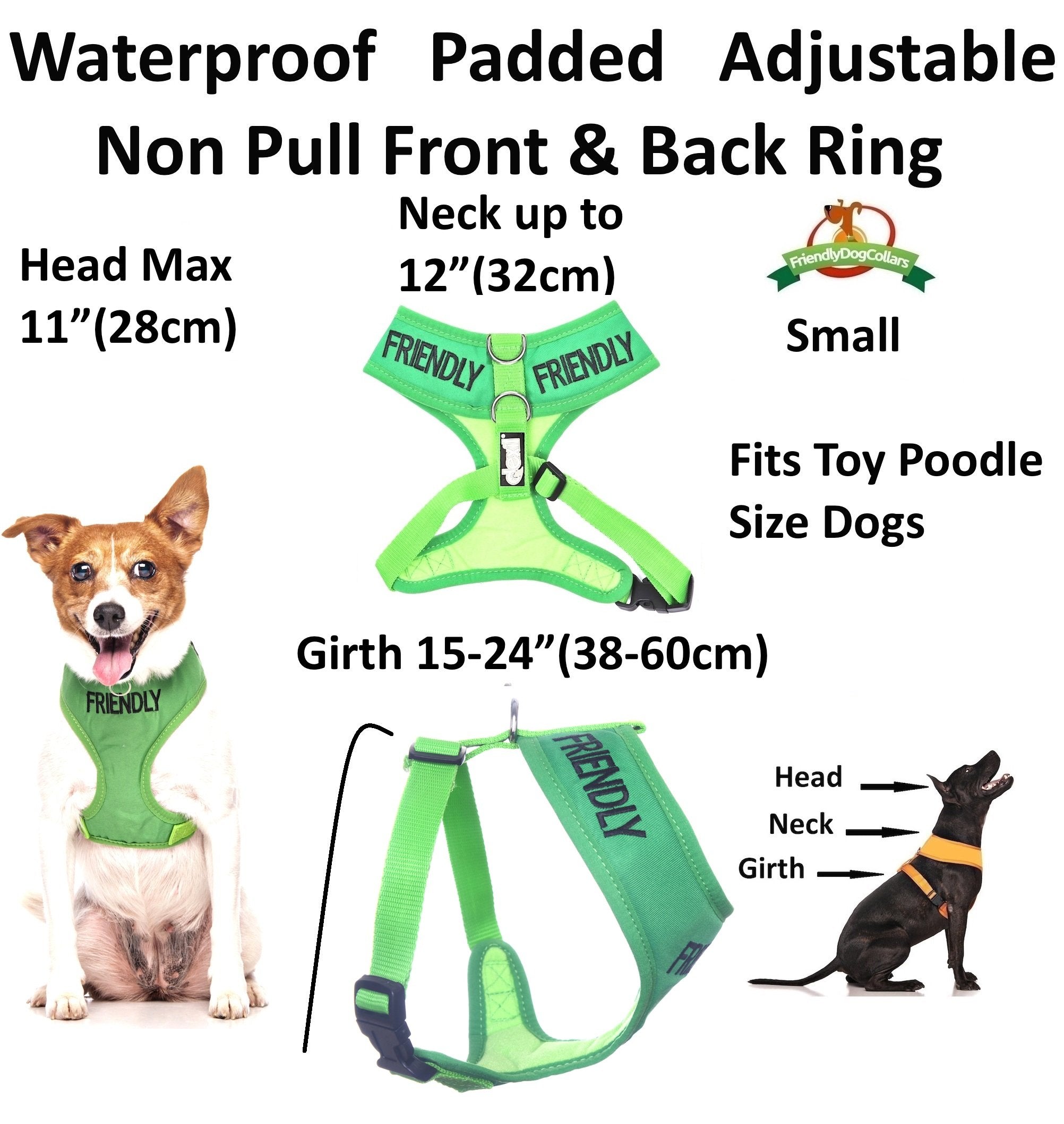 Friendly (Known as Friendly to All) Green Colour Coded Non-Pull Front and Back D Ring Padded and Waterproof Vest Dog Harness Pre