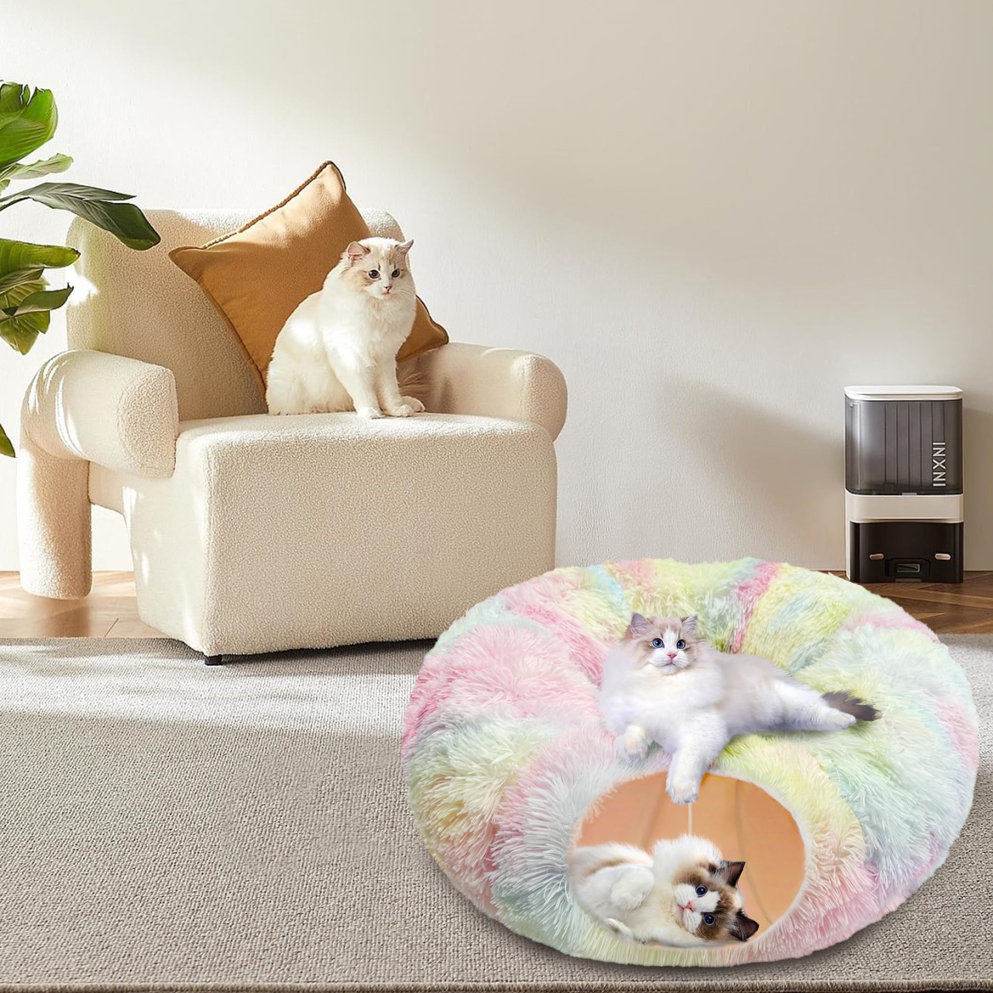 Felrelwel Cat Tunnel Bed With Furry Soft Mat,Cat Donut Tunnels For Indoor Kitten Large Cats To Chase And Play, Peekaboo Tube Cat