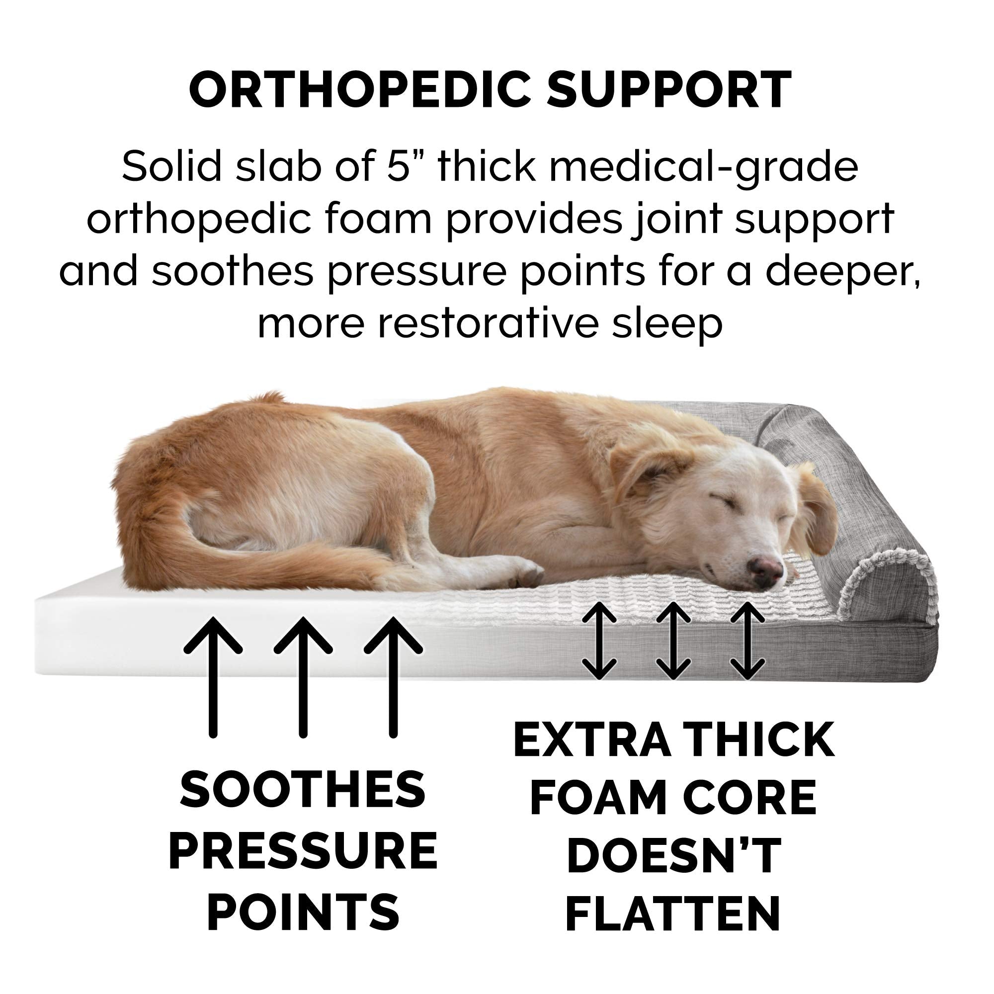 Furhaven Orthopedic Dog Bed For Large Dogs W/ Removable Bolsters & Washable Cover, For Dogs Up To 125 Lbs - Luxe Faux Fur & Performance Linen Sofa - Charcoal, Jumbo Plus/Xxl