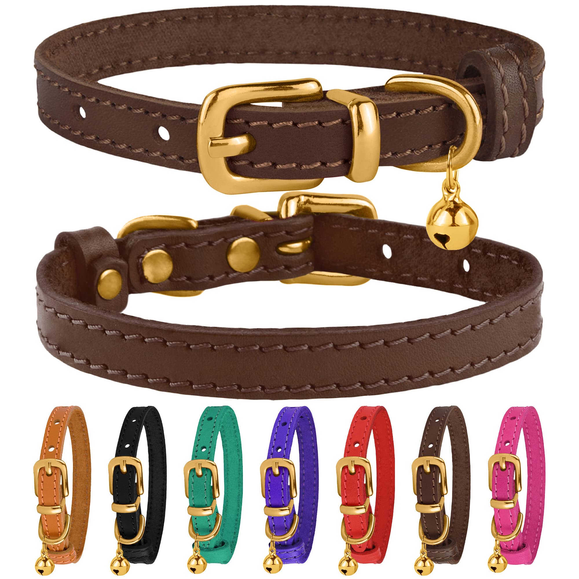 Bronzedog Leather Cat Collar With Bell Non Breakaway Kitten Qr Tag For Girl Boy (9' - 11' Cats/Mini Dogs, Dark Brown & Gold)