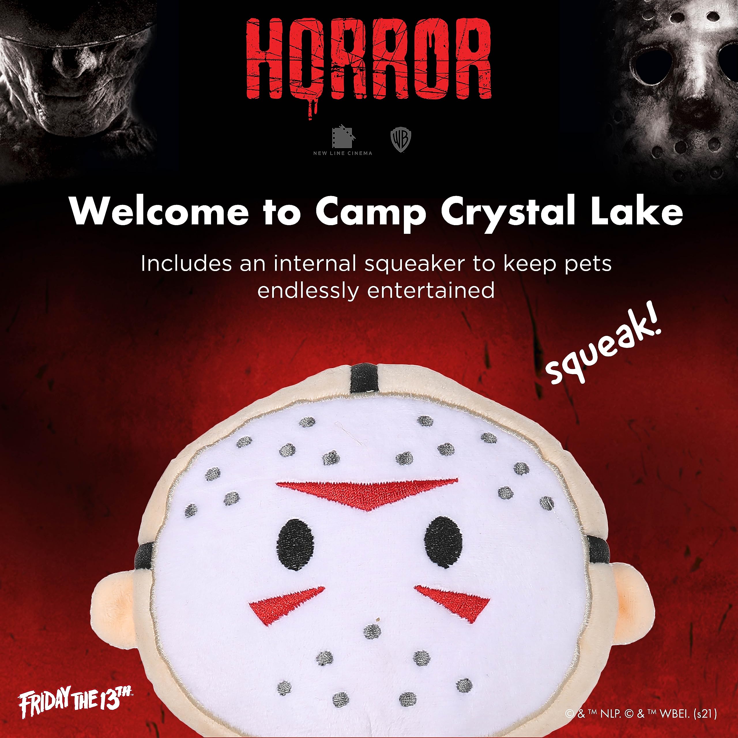 Warner Bros Horror Movies Friday The 13Th Jason Voorhees Figure Plush Dog Toy | Medium Dog Toy From Friday The 13Th Collection | Squeaky Dog Toy Halloween Dog Chew Toy, 6 Inch