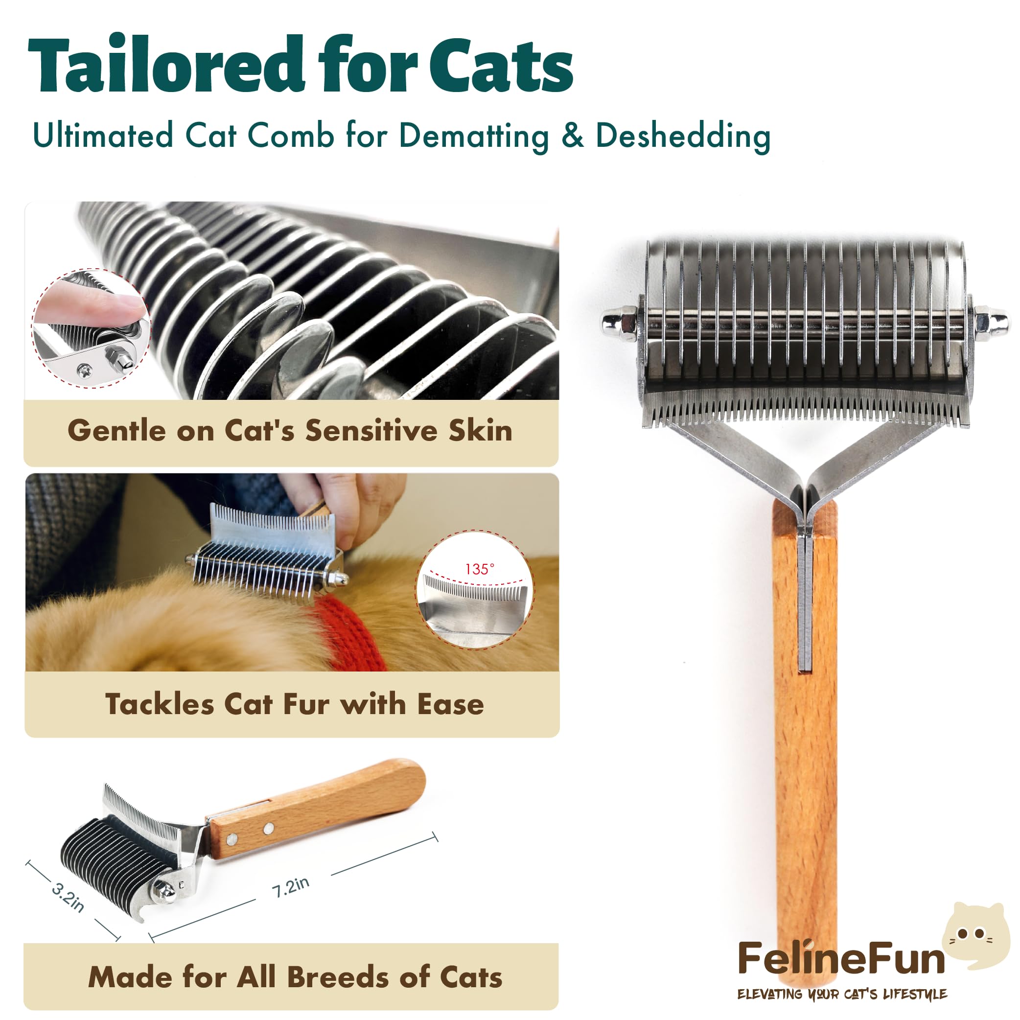 FelineFun Cat Brush for Dematting & Deshedding, 2 in 1 Undercoat Rake, Efficiently Remove Loose Hair & Matted Fur, Professional