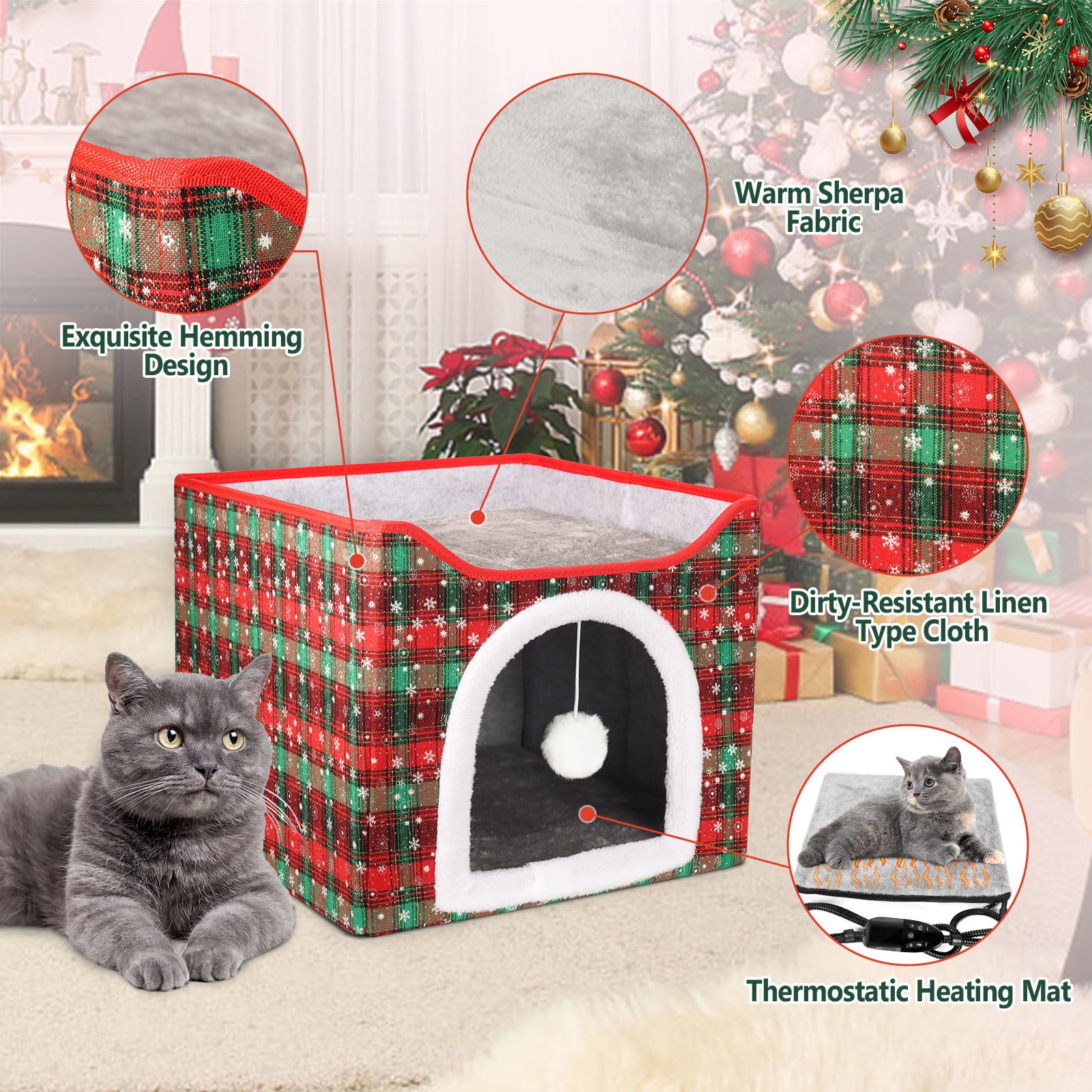 Heated Cat Bed For Indoor Cats, Foldable Cat House With Removable Heating Pad For Cats Small Dog Covered Cat Bed Cave Kitty Hide
