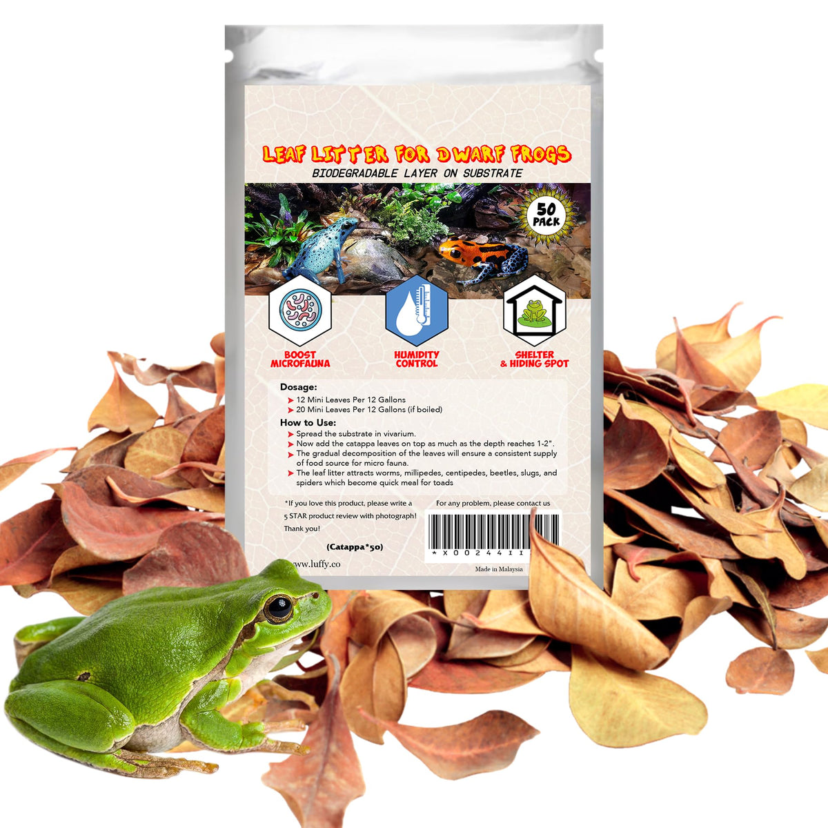 Sungrow Dwarf Frog Mini Catappa Leaves (50 Pc) - Tannin Helps Remove Ammonia, Lower Ph - Leaf Litter Indian Almond Leaves, Aquar