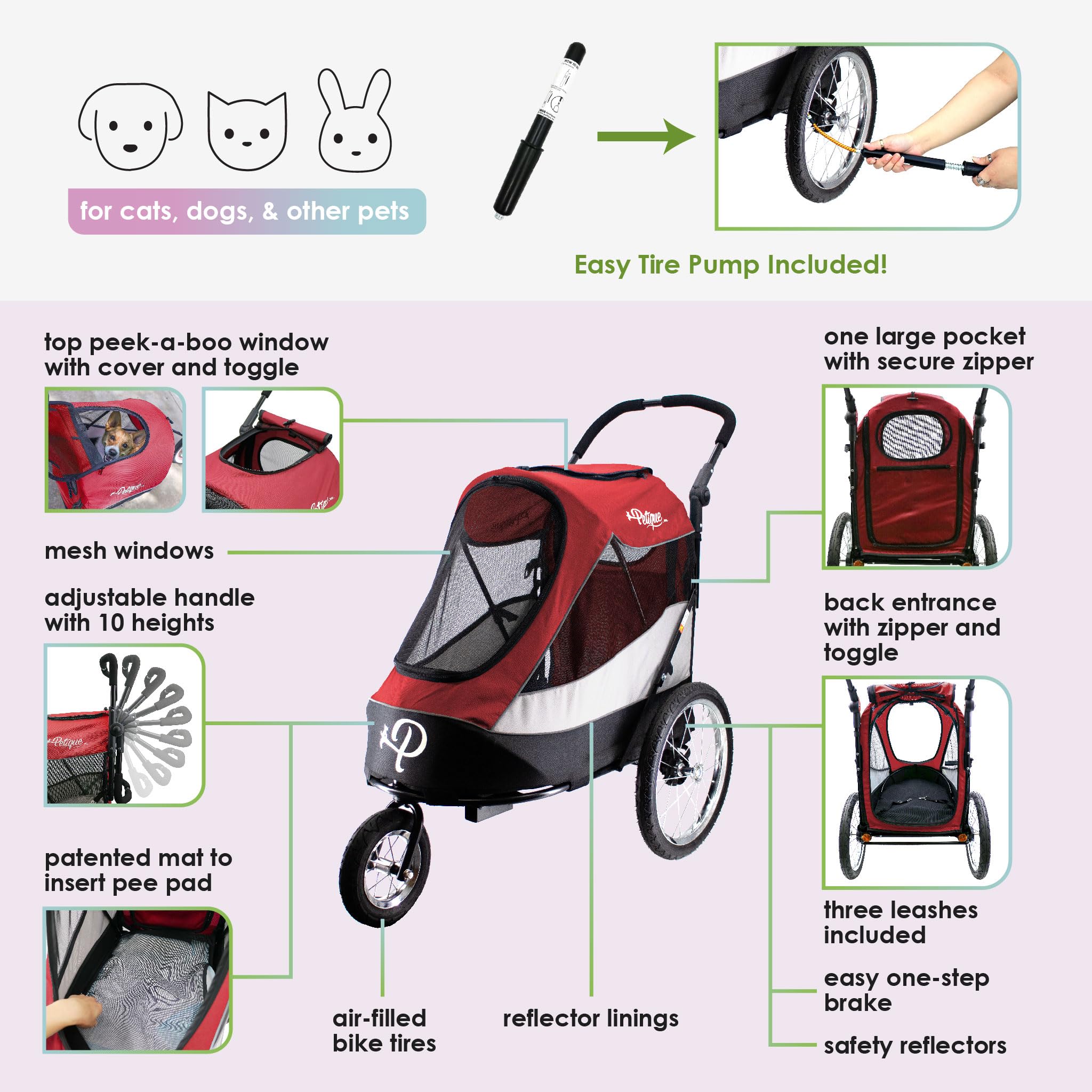 Petique Trailblazer Pet Jogger/Stroller, Bike Trailer, Shock Absorbing Bike Wheels, Large Entry Way, Peek-A-Boo Window, Small/Me