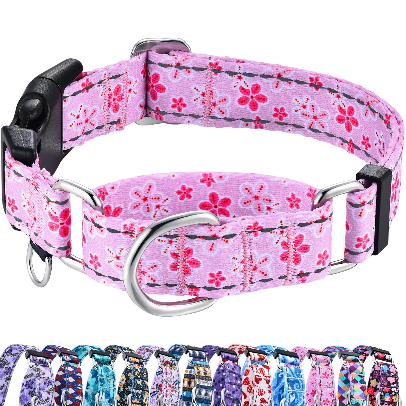 Fidohug Reflective Martingale Collar For Dogs With Quick Release Buckle Cute Girl Female Flower Dog Collars (Pink Floral, Medium