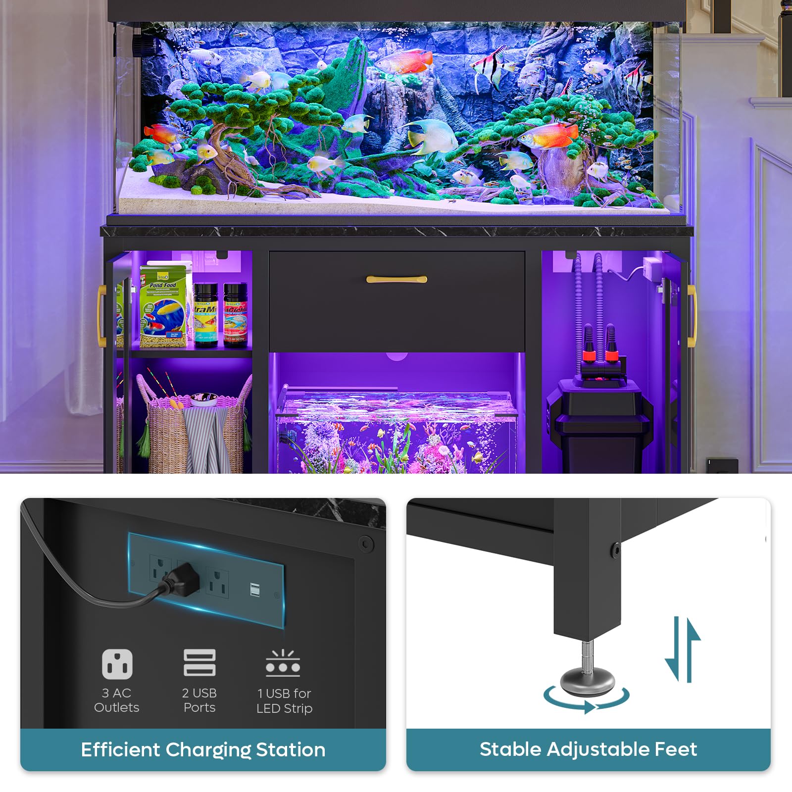 Bestier 55-75 Gallon Fish Tank Stand with Power Outlet & LED Light, 49.2x19.2 Heavy-Duty Aquarium Stand with Storage, Dual Glass