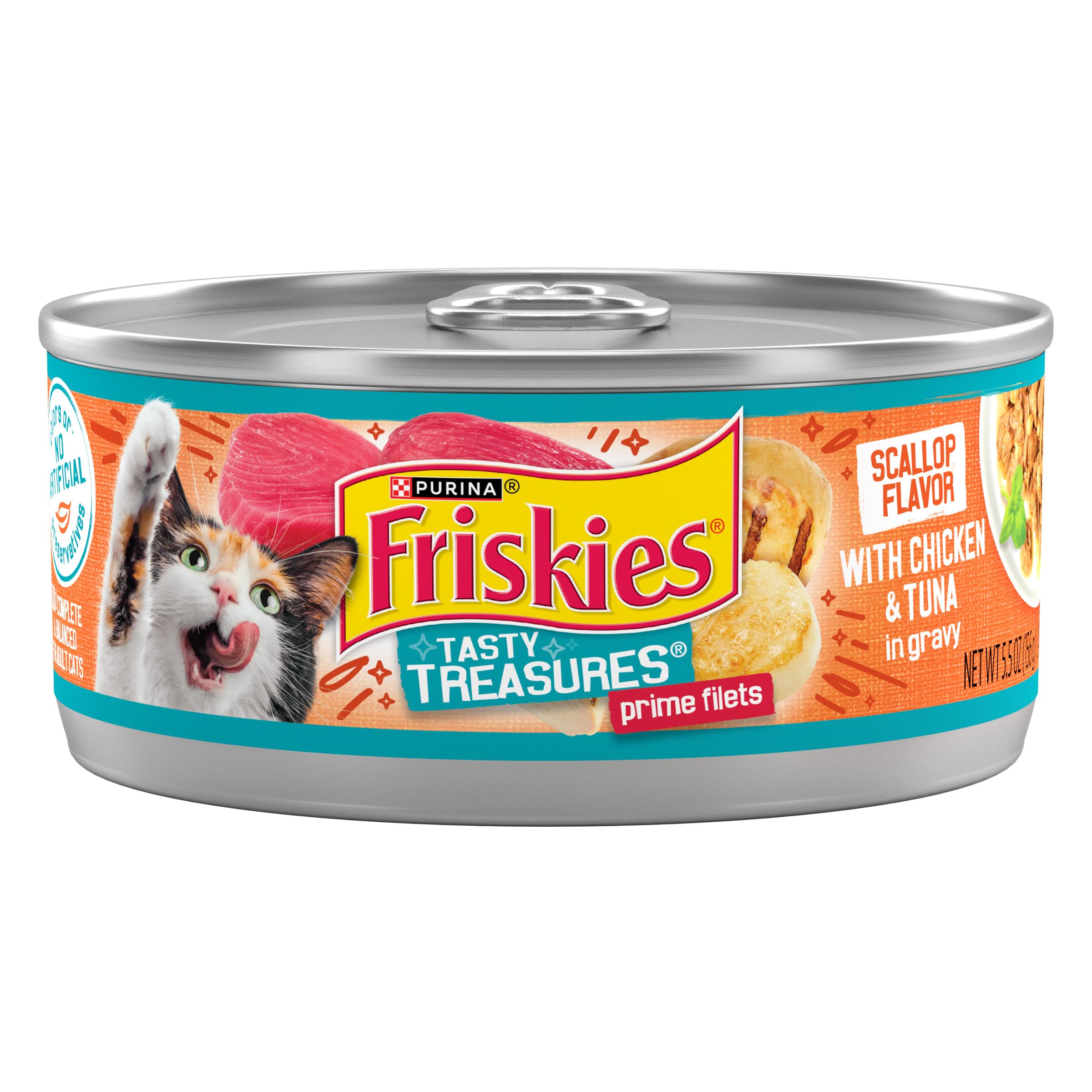 Purina Friskies Wet Cat Food Tasty Treasures With Chicken and Tuna in Gravy (Scallop Flavor) - (Pack of 24) 5.5 oz. Cans