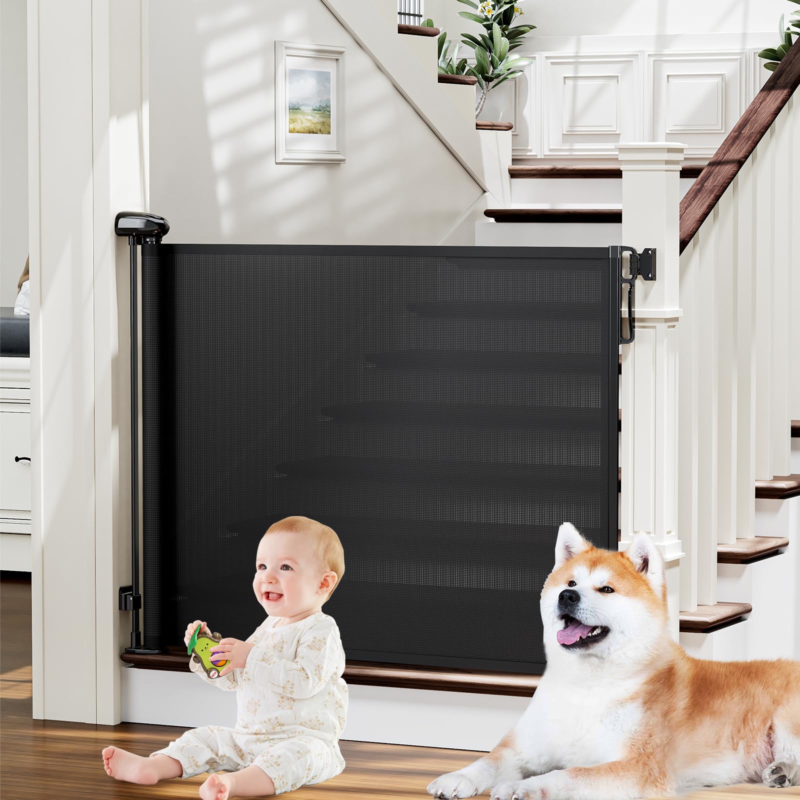 Retractable Baby Gates For Stairs, Probebi Retractable Dog Gate Indoor Extends To 54' Wide 34' Tall, Child Gates For Doorways, Stair Gate Use For Outdoor, Indoor, Hallways, Doorways, Deck, Porch