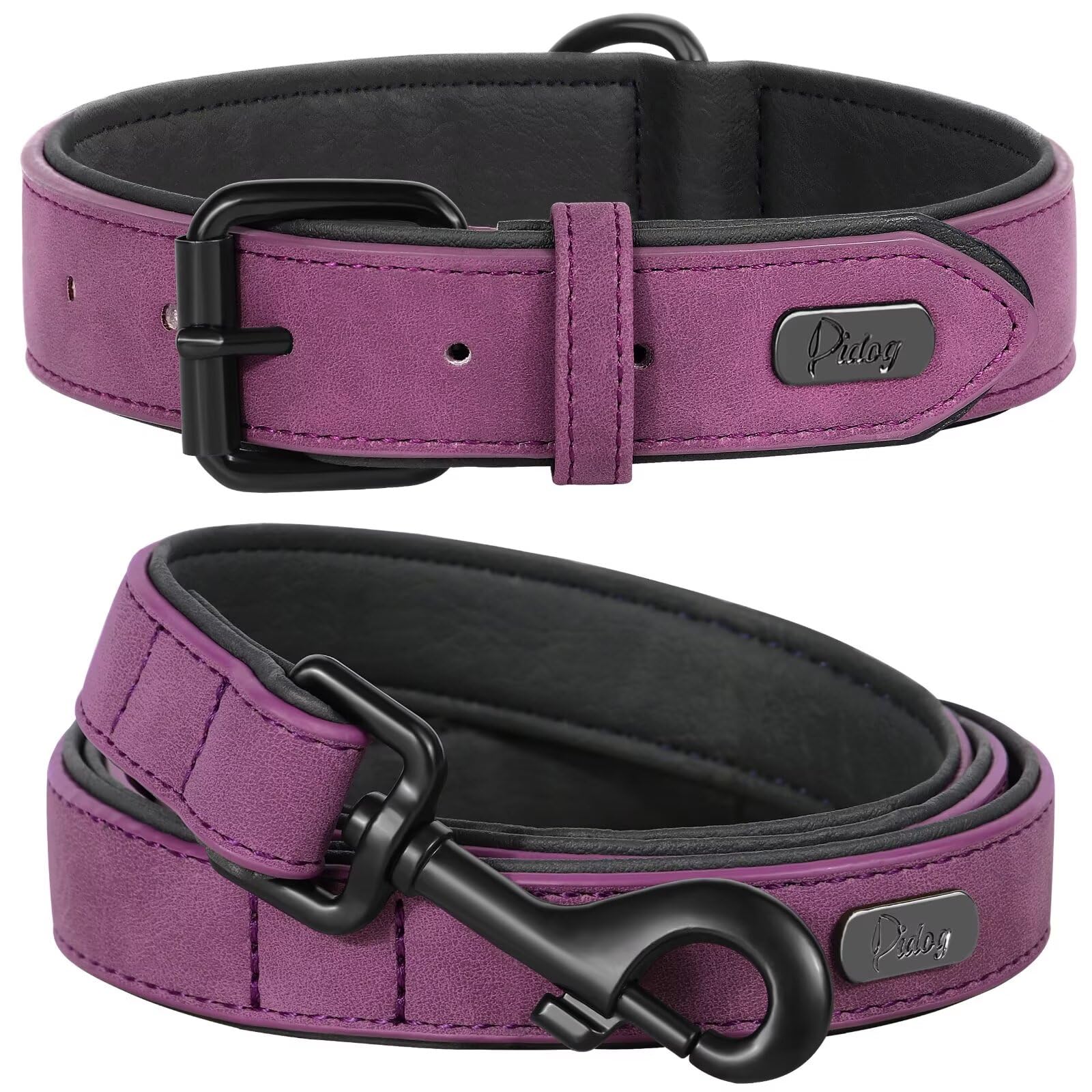 Didog Soft Padded Leather Dog Collar And Leash Set, Heavy Duty Purple Dog Lead And Collar Set With Metal Buckle, Breathable Pet 
