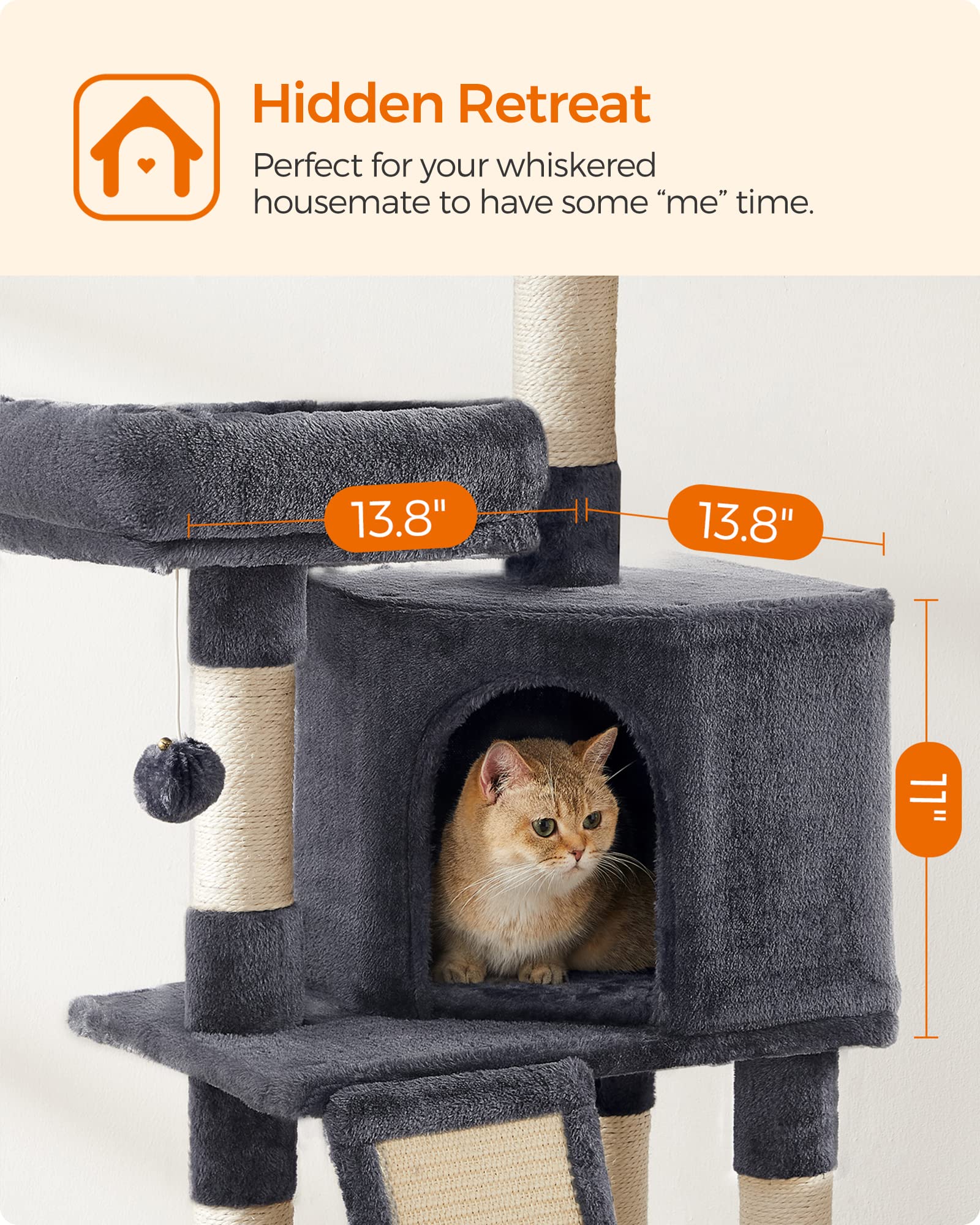 Feandrea Cat Tower, Cat Tree For Indoor Cats, 45.3-Inch Cat Condo With Scratching Post, Ramp, Perch, Spacious Cat Cave, For Kitt