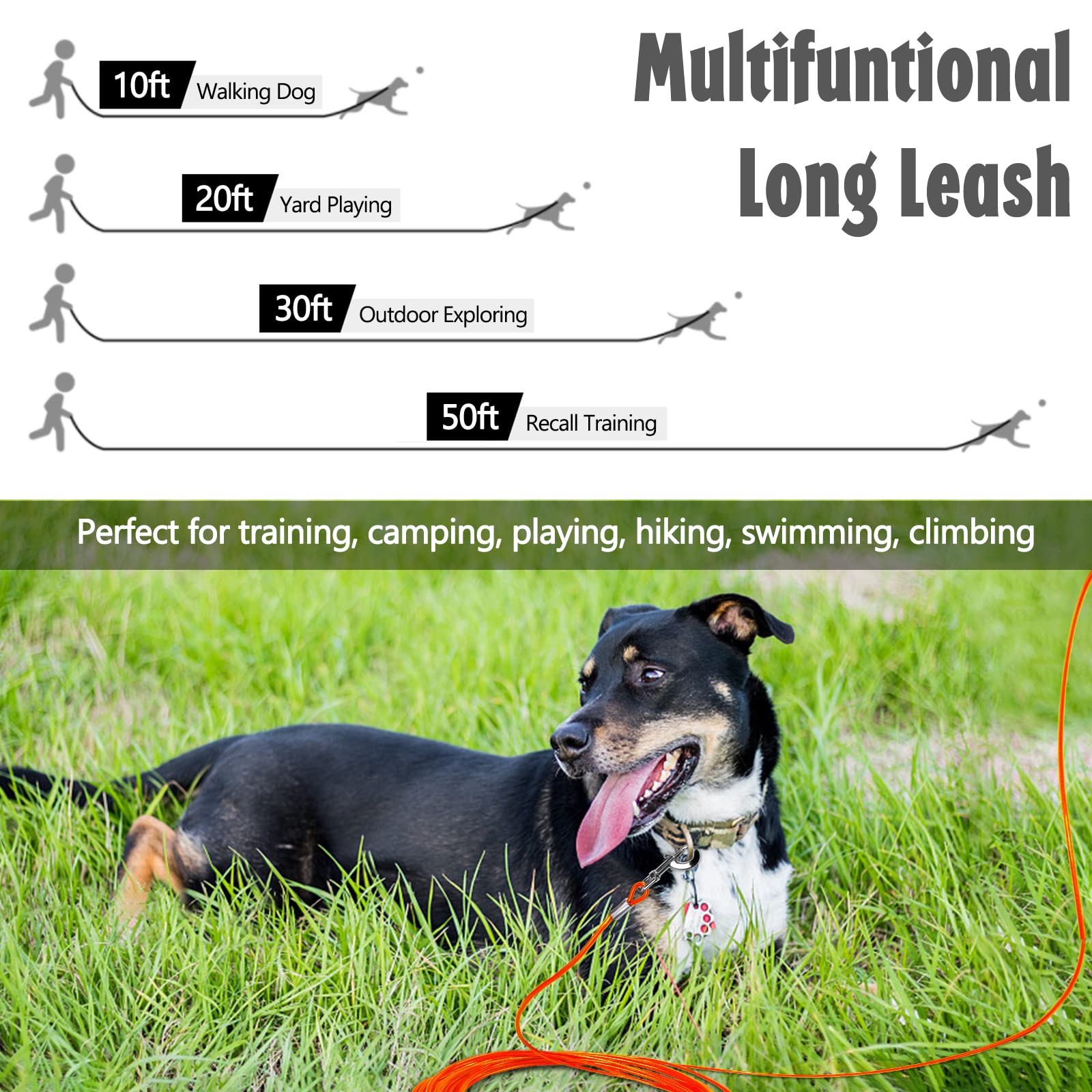 Furggis Long Dog Leash, Chew Proof Tie Out Cable, Heavy Duty 30FT, Orange, Durable PVC, Padded Handle for Medium Large Dogs
