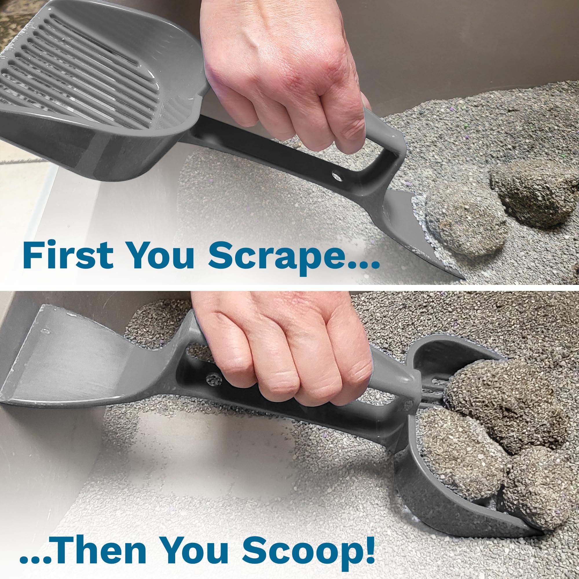 Scrape 'N' Scoop Cat Litter Clump Remover With Sifter – Litter Box Scooper & Scraper 2 In 1 For Litter Tray, Potty, & Litter Pan - Animal Waste Cleaner Tool - Pet Accessories & Supplies - Grey