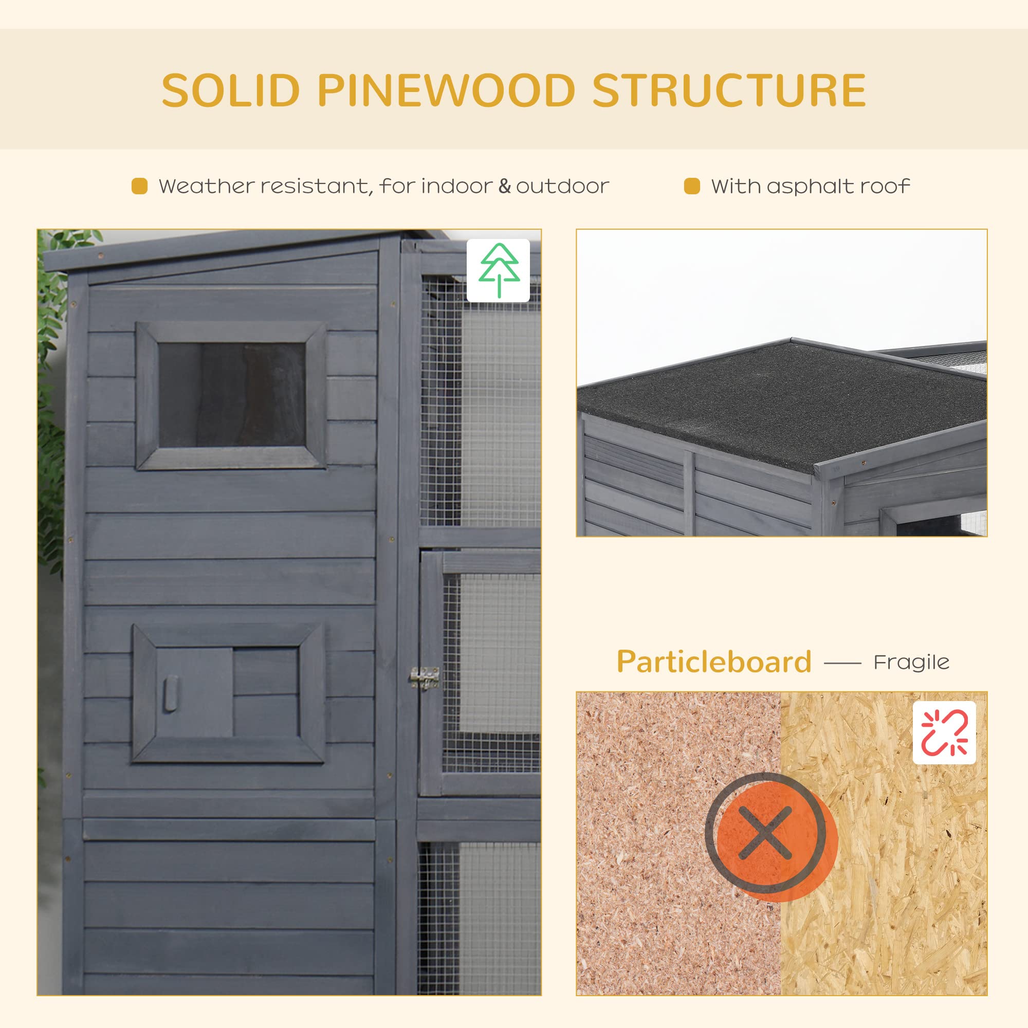 PawHut Large Cat House Outdoor Catio Wooden Feral Cat Shelter, Kitten Enclosure with Door, Cat Condo and Weather Protection Asph