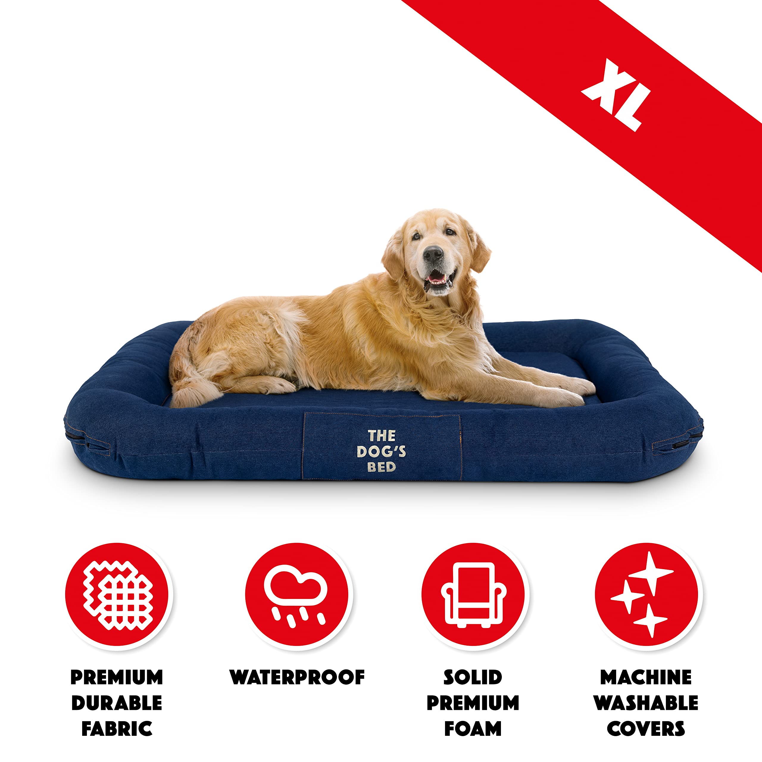 The Dog’S Bed Utility Waterproof Dog Bed, Xl Durable Blue Denim Fabric, Ykk Zippers, Washable Reversible Cover, Dog Beds For Home Car Crate & Yard, Puppy & All Pet Comfort