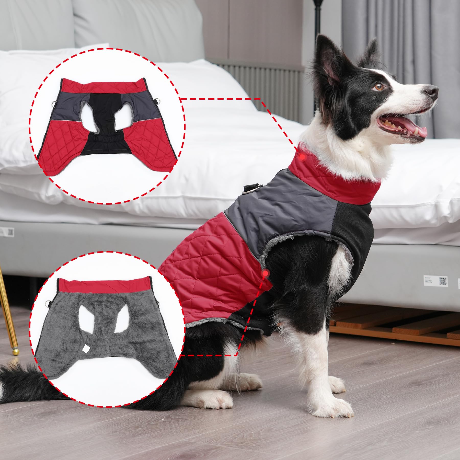 Joydaog Warm Fleece Dog Coats For Large Dogs,D-Rings Waterproof Puppy Jacket For Cold Winter,Red Xxxl