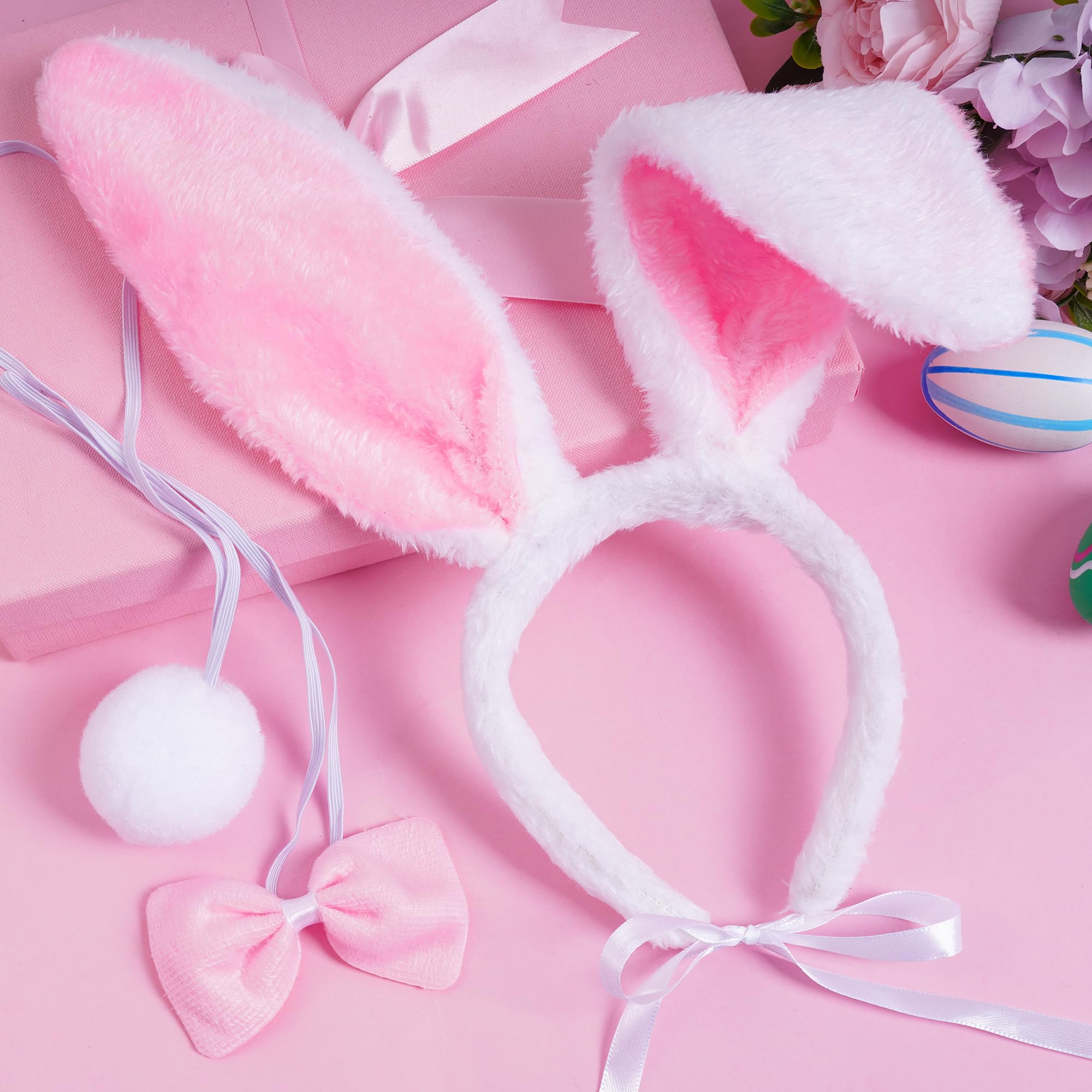 Sumersha 3Pcs Easter Dog Bunny Costume Set Pet Plush Rabbit Ears Headband Tail Bow Tie Collar For Small Medium Dogs Cats