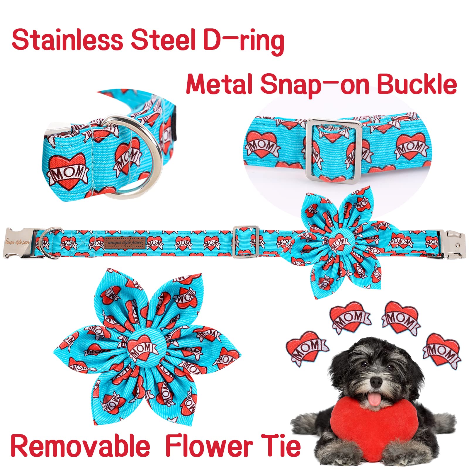 Unique Style Paws Valentine'S Day Dog Collar With Flower Tie Blue Heart Puppy Collar Best Gift For Small Medium Large Boys Girls