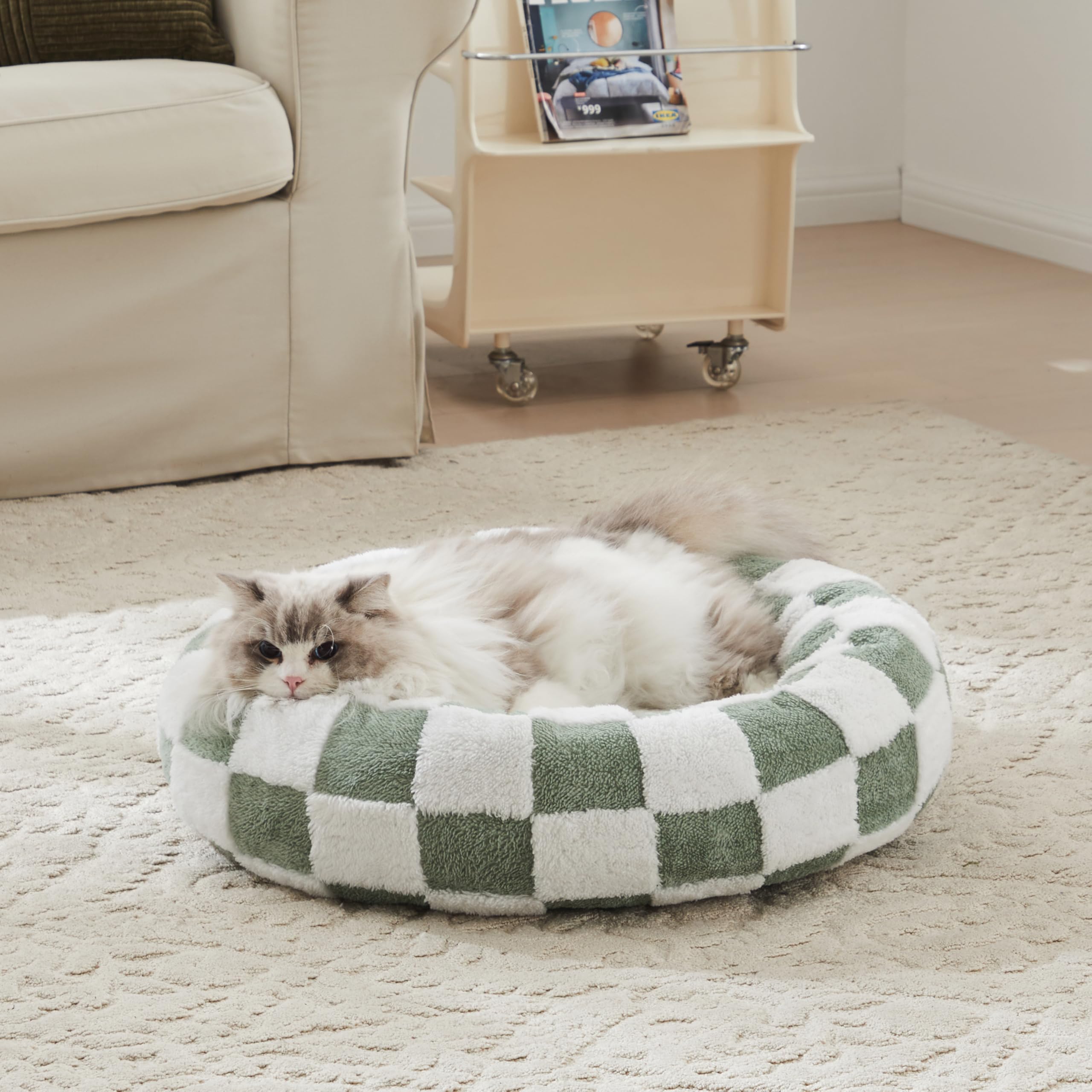 Ohocut Checkered Cat Dog Bed, Cute Sage Green Retro Style Aesthetic Round Warming Pet Calming Beds For Small Dog And Cats, Plush