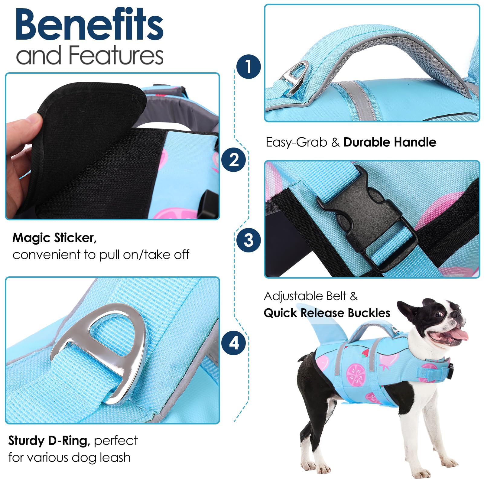Aofitee Dog Life Vest, Dog Life Jacket Shark, Reflective Puppy Safety Vest With Superior Buoyancy And Rescue Handle, Adjustable