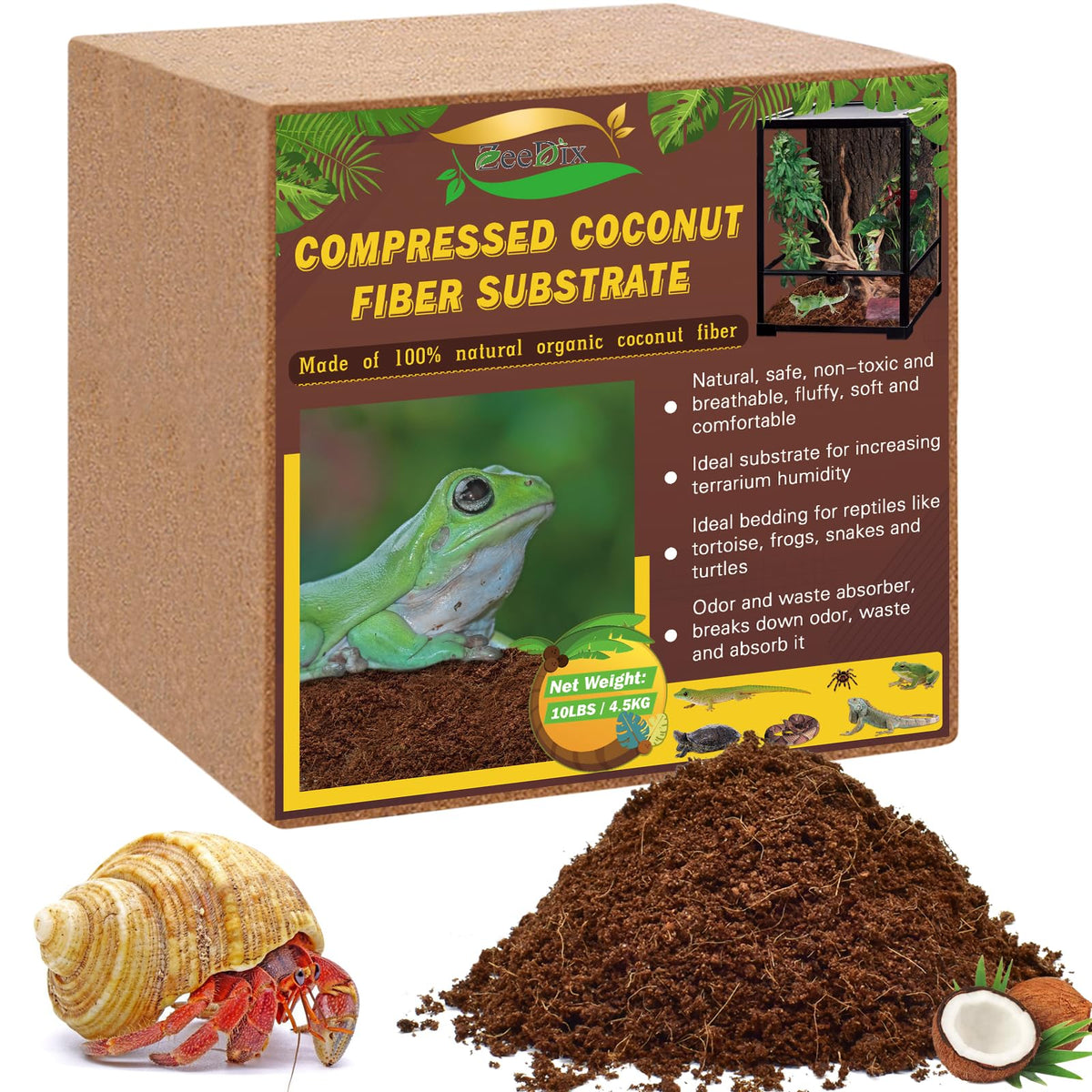 Zeedix 10Lb Compressed Coconut Fiber Substrate, 100% Organic Coco Coir Fiber Brick Husk Substrate Bedding For Reptiles, Geckos, 