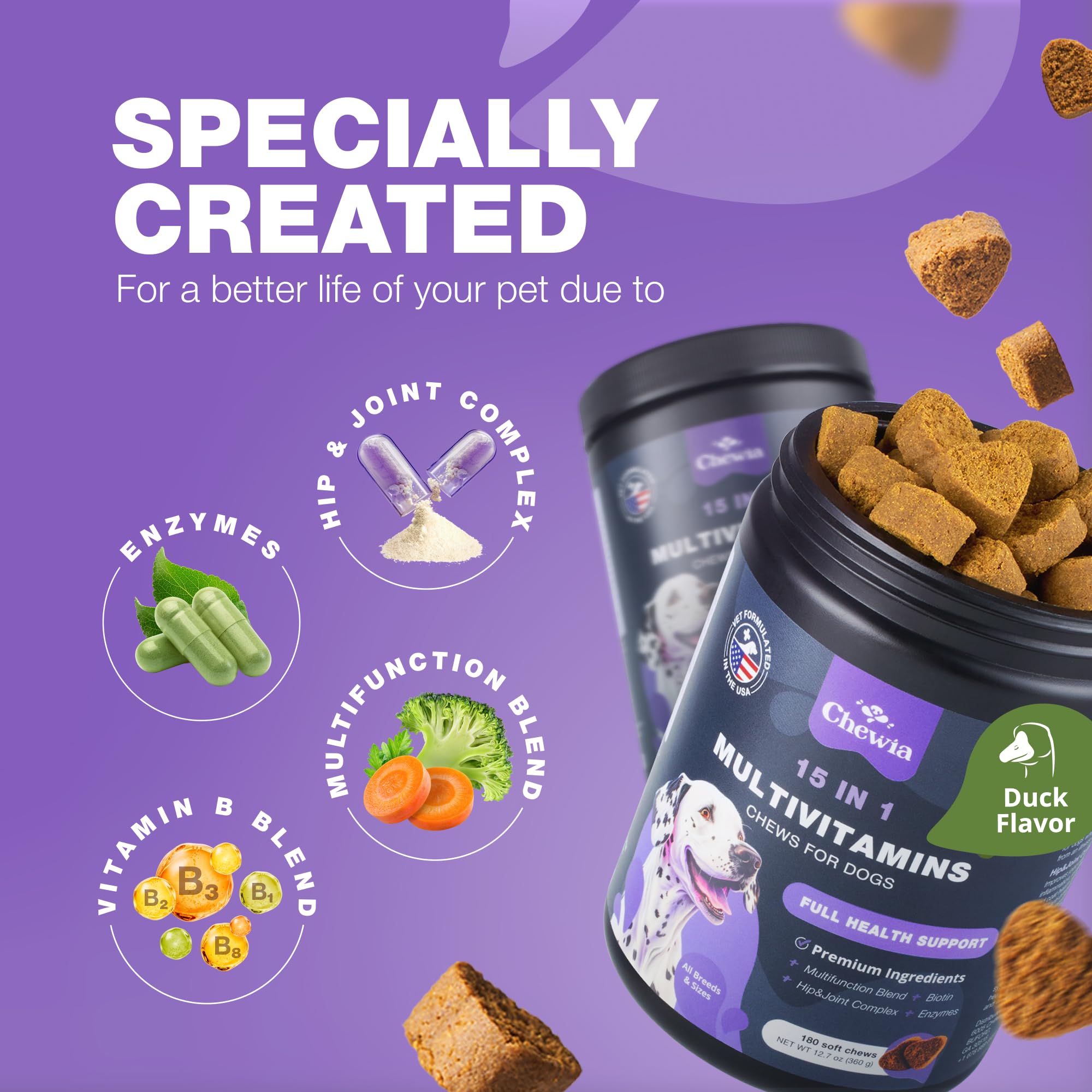 Dog Vitamins 15 in 1 - Dog Multivitamin Chews with MSM for Hip & Joint Health - Dog Supplement for Itchy Skin Relief - Multivita