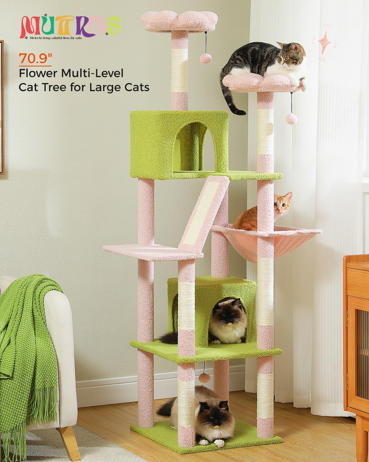 Muttros Flower Cat Tree, 70.9'' Tall Cat Tree For Indoor Cats, Large Cat Tree For Large Cats, Multi-Level Tall Cat Tower With 6