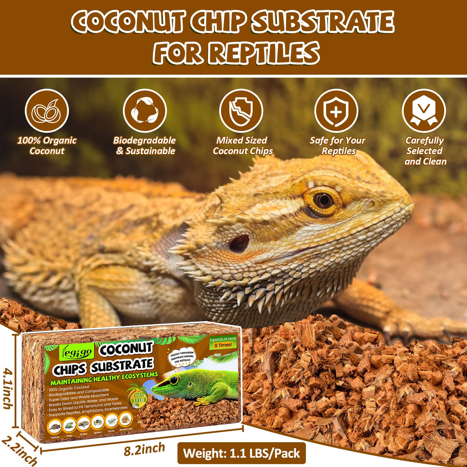 Legigo 2 Pack Coconut Chip Substrate for Reptiles, Natural Coco Husk Chip Reptiles Bedding, Compressed Coconut Chip Substrate fo