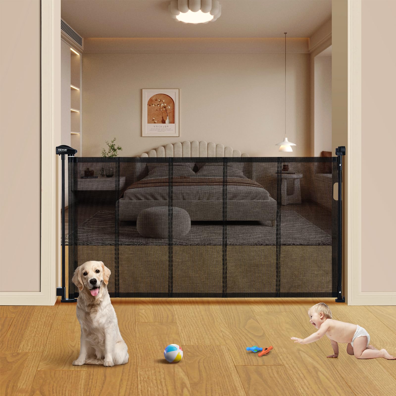VEVOR Retractable Baby Gates for Stairs, Extends up to 60&quot; Wide, Mesh Dog Gate for The House, 34&quot; Tall Child Safety Gates for Doorways, Hallways, Wide Pet Gate, Cat Gate Indoor & Outdoor, Black