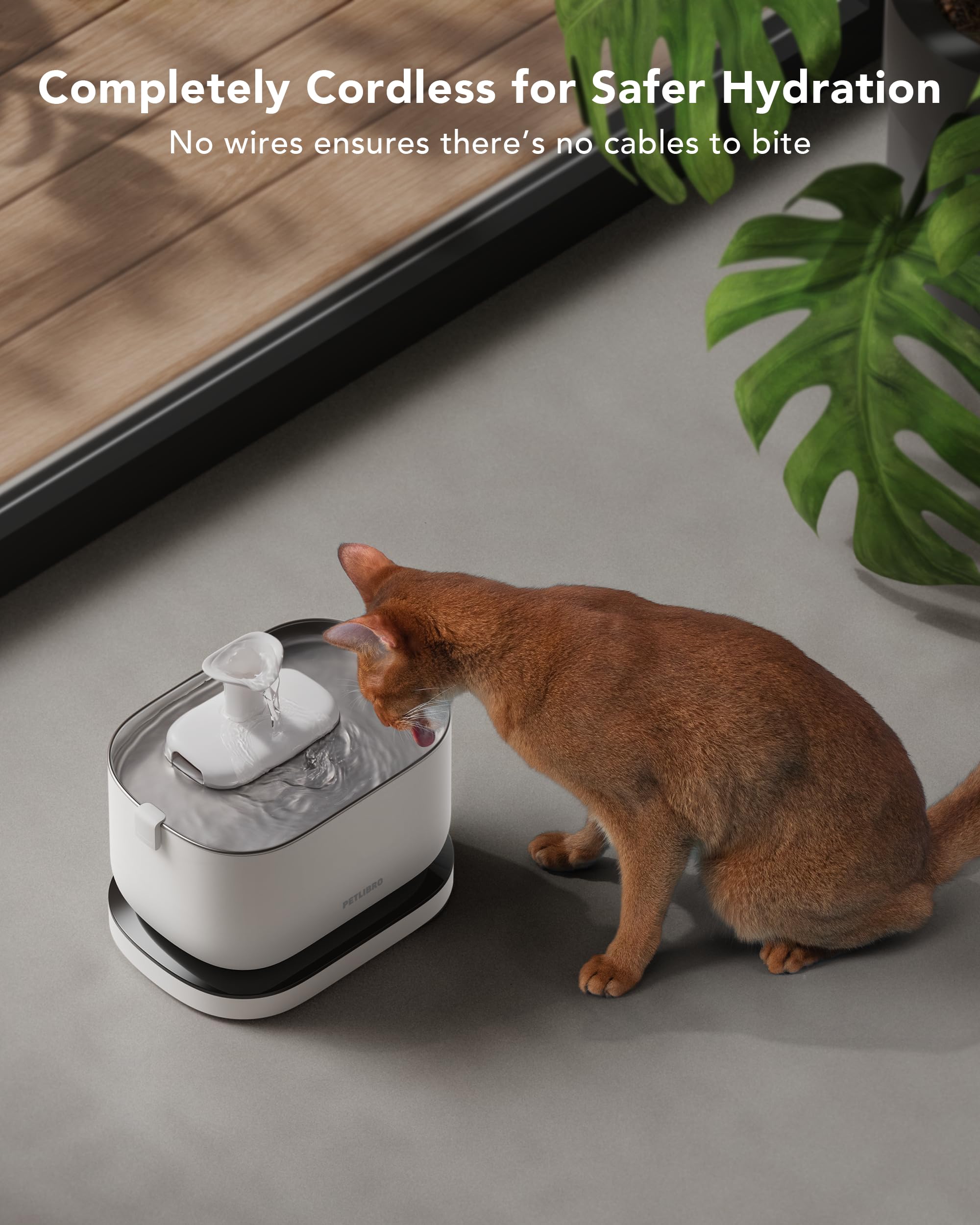 PETLIBRO Cordless Cat Water Fountain, 2.5L Rechargeable Wireless Dispenser, Quiet Pump, Stainless Steel Tray, BPA-Free, White