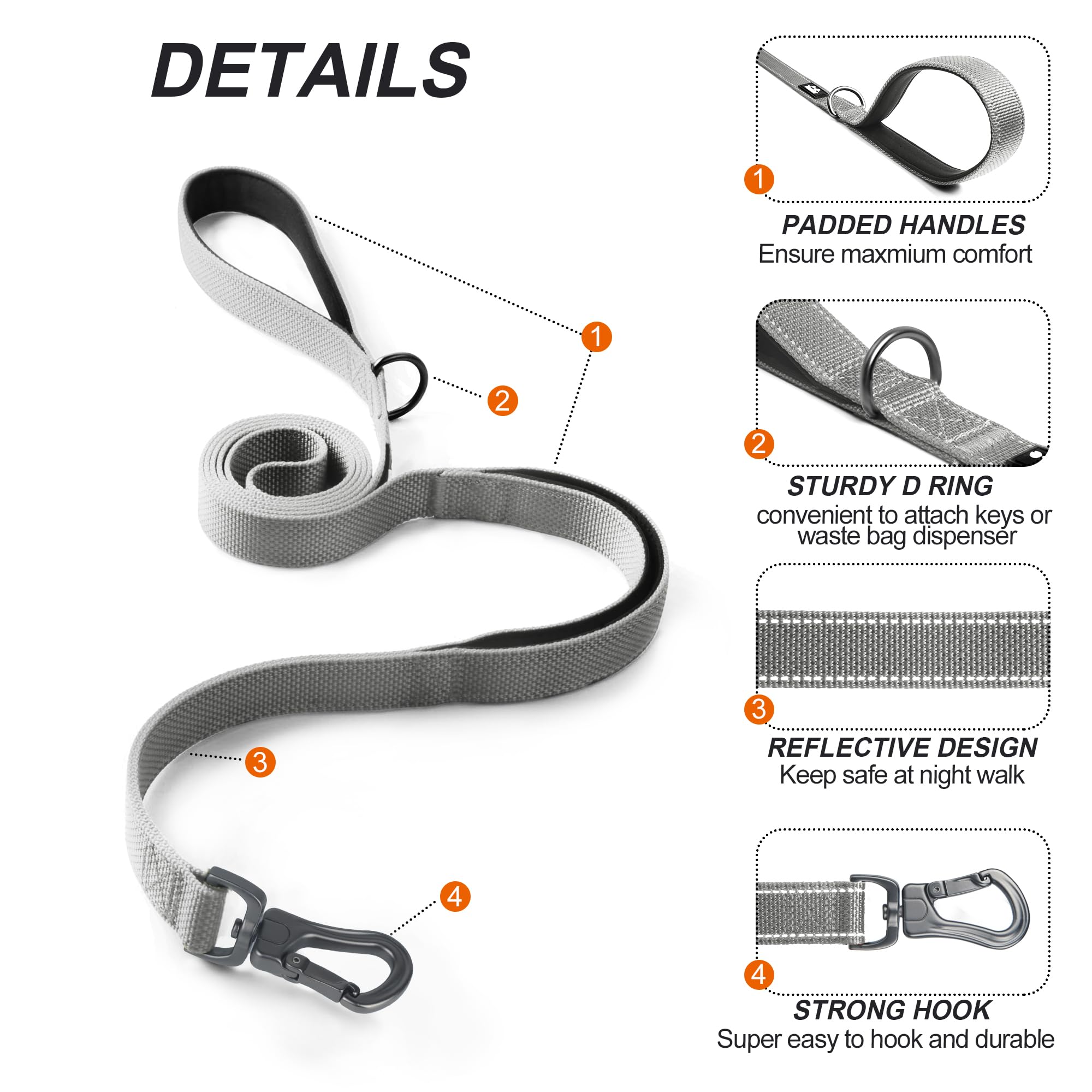 Twoear 5Ft 1In Strong Gray Dog Leash With 2 Padded Handles, Traffic Handle Extra Control, Comfortable Soft Dual Handle, Auto Lock Hook, Reflective Walking Lead For Small Medium And Large Dogs