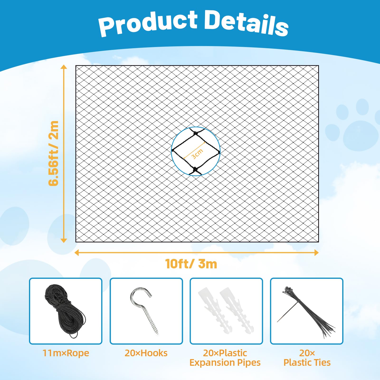 Lewondr Cat Netting Balcony, 10x13ft Steel Wire Reinforced Balcony Screen for Pets, Anti-Fall Pet Mesh Fence Cat Safety Net for