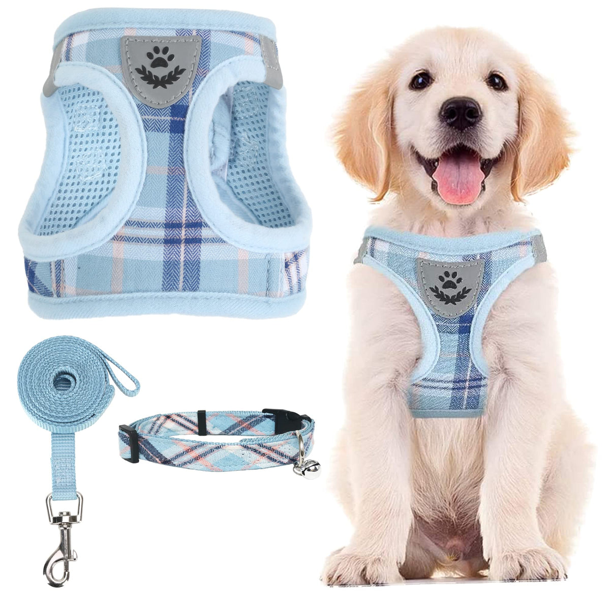 Pupteck Adjustable Dog Harness Collar And Leash Set Step In No Pull Pet Harness For Small Medium Dogs Puppy And Cats Outdoor Walking Running, Soft Mesh Padded Reflective Vest Harnesses, Blue L