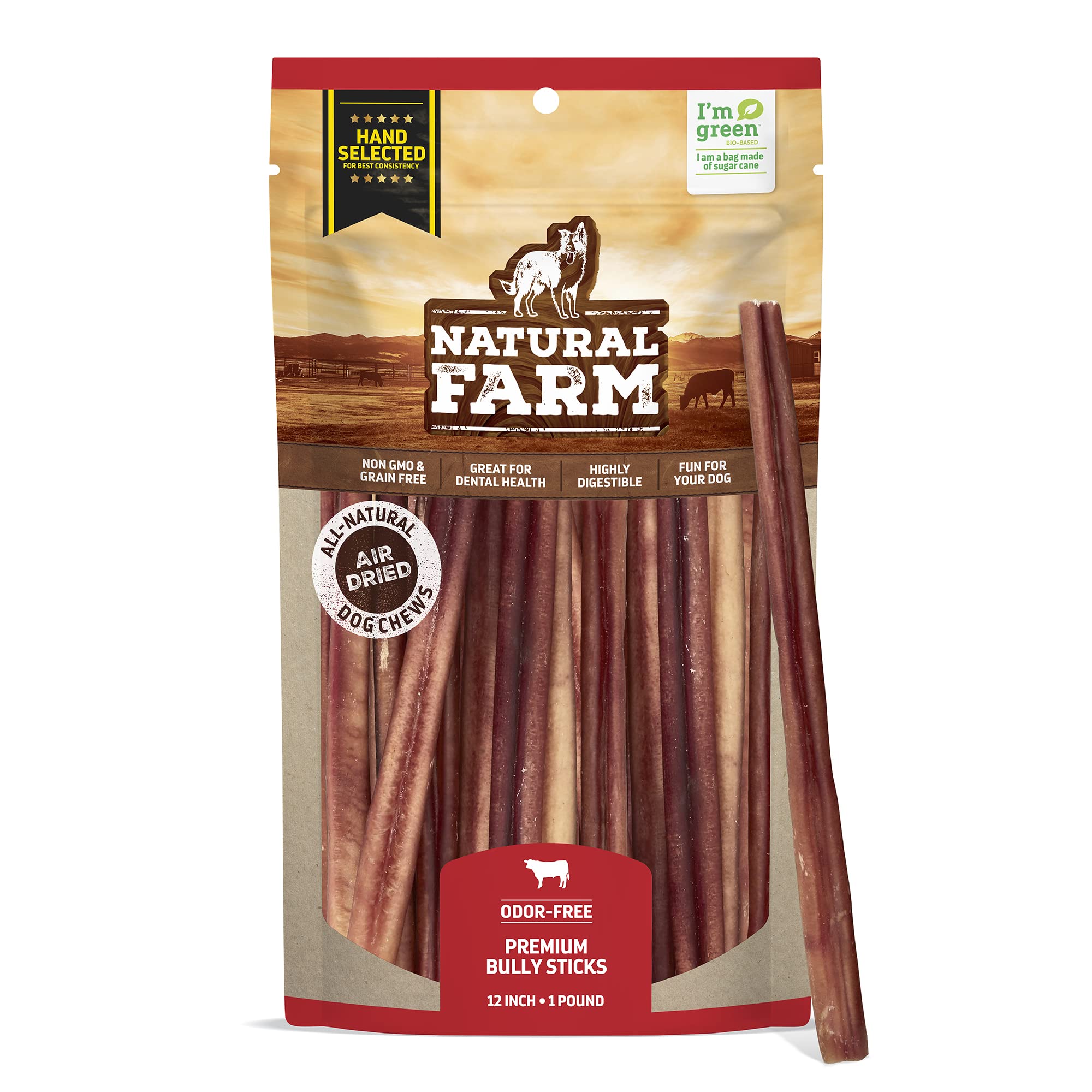 Natural Farm Odor-Free Select Bully Sticks, (12-Inch, 1-Pound), Hand Selected for Consistent Thickness, 100% Beef Pizzle Dog Che