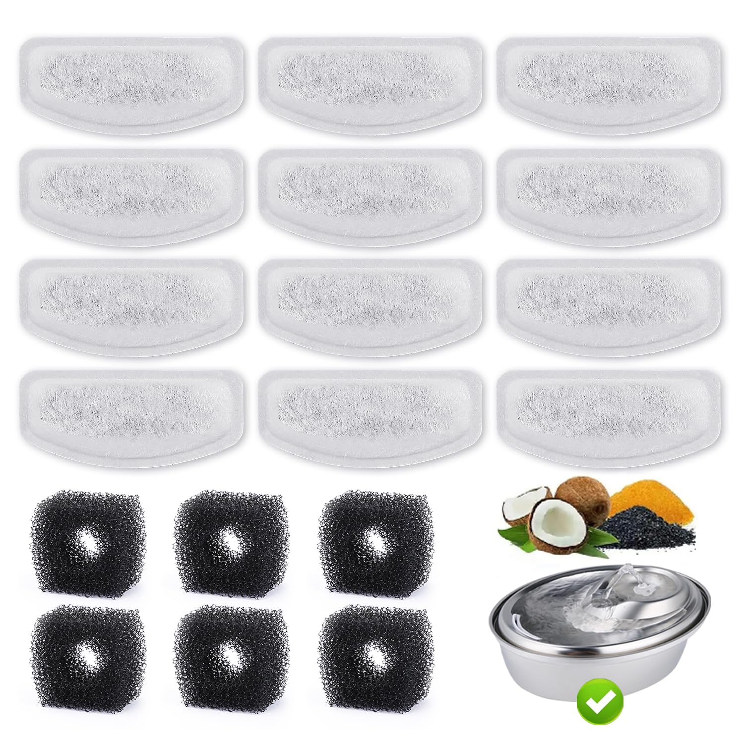 12 Pack Replacement Filters for D30 67oz/2L Automatic Pet Fountain, ZEKIRY Carbon Cat Water Fountain Filters, Triple Filtration 